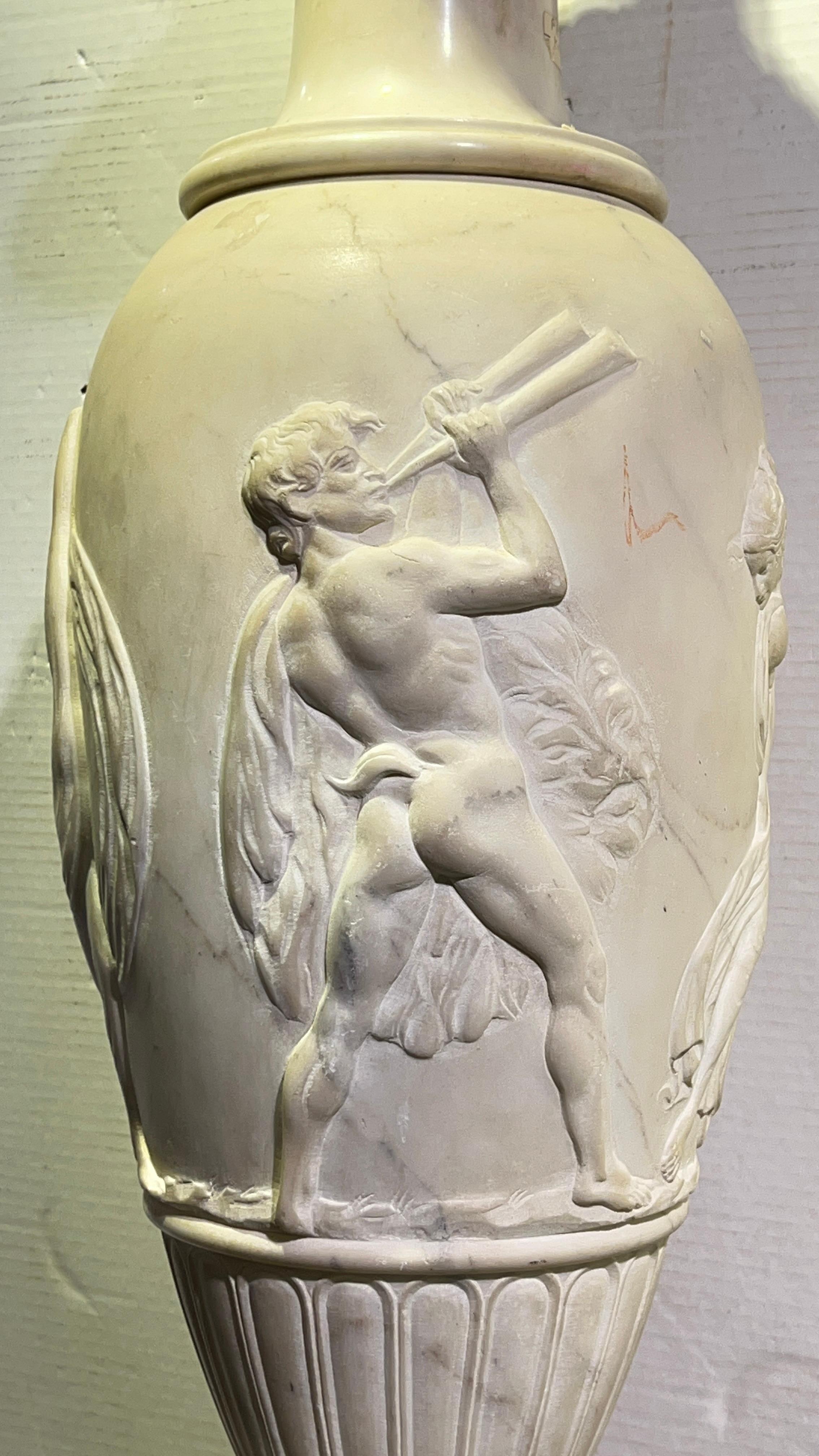 Hand-Carved Pair Monumental Neoclassical Carved White Marble Urns For Sale