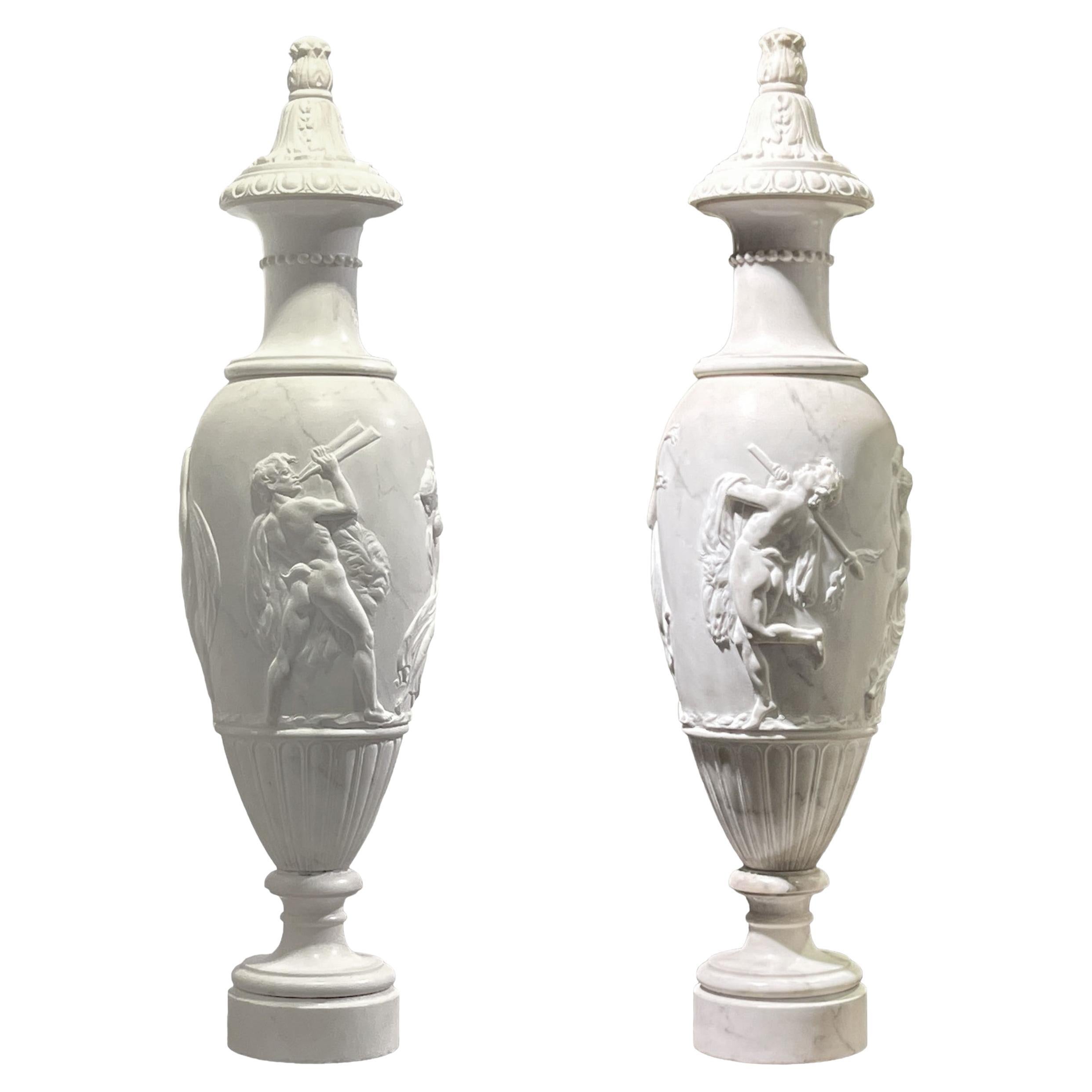 Pair Monumental Neoclassical Carved White Marble Urns For Sale