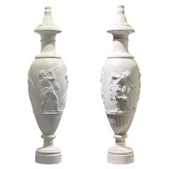 Antique Pair Monumental Neoclassical Carved White Marble Urns