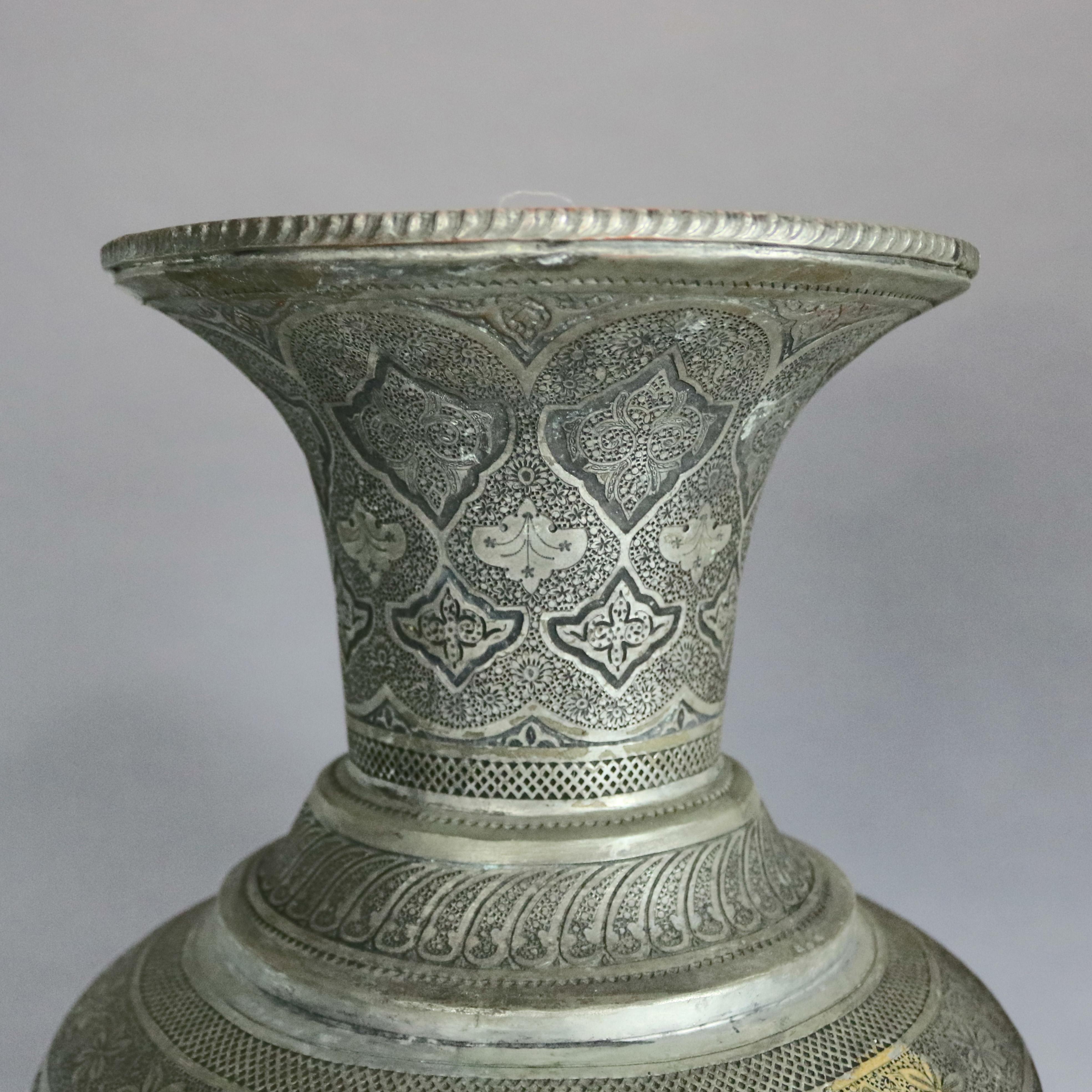 Hand-Crafted Pair of Monumental Persian Hand-Hammered Nickel-Plated Floor Urns, 19th Century