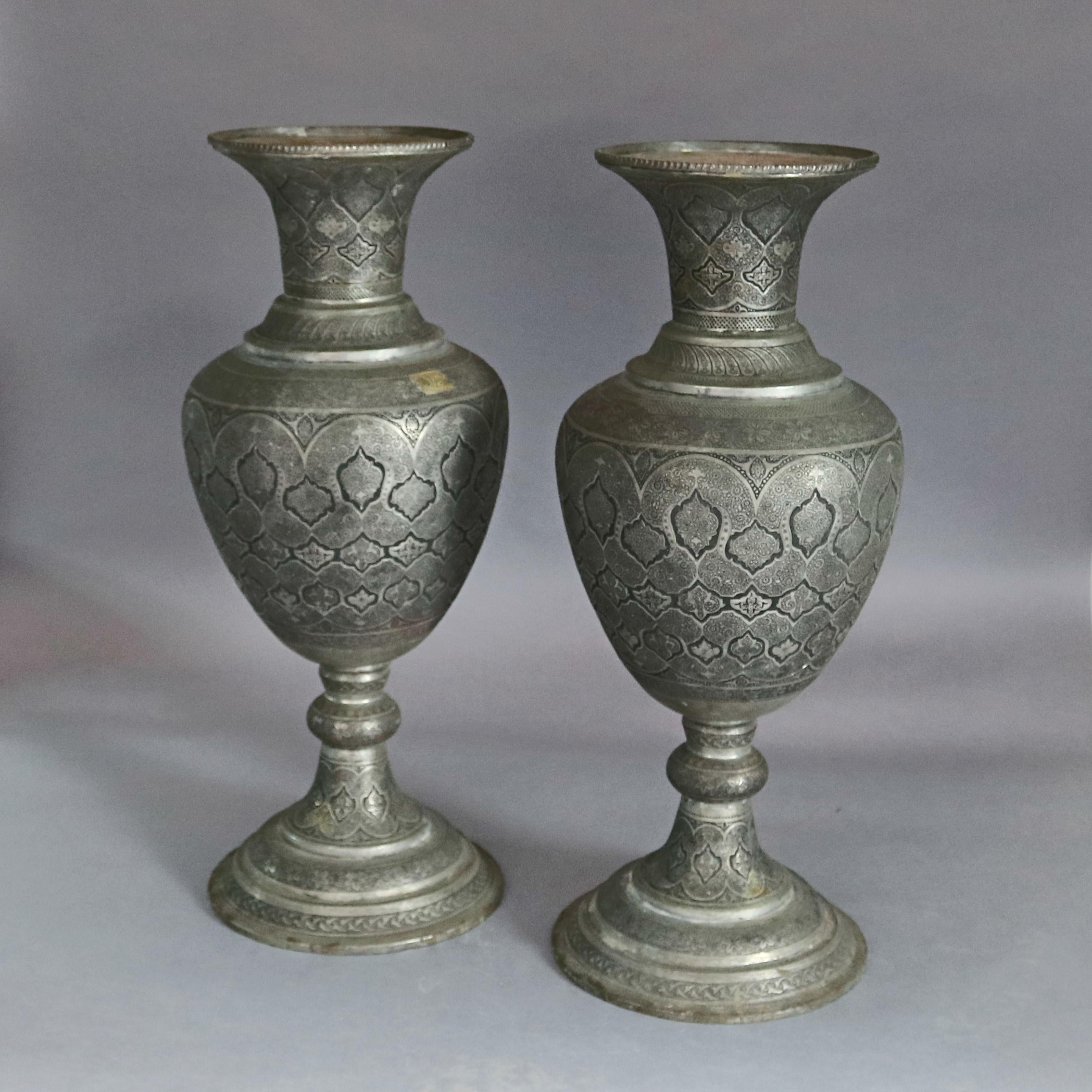 Pair of Monumental Persian Hand-Hammered Nickel-Plated Floor Urns, 19th Century In Good Condition In Big Flats, NY