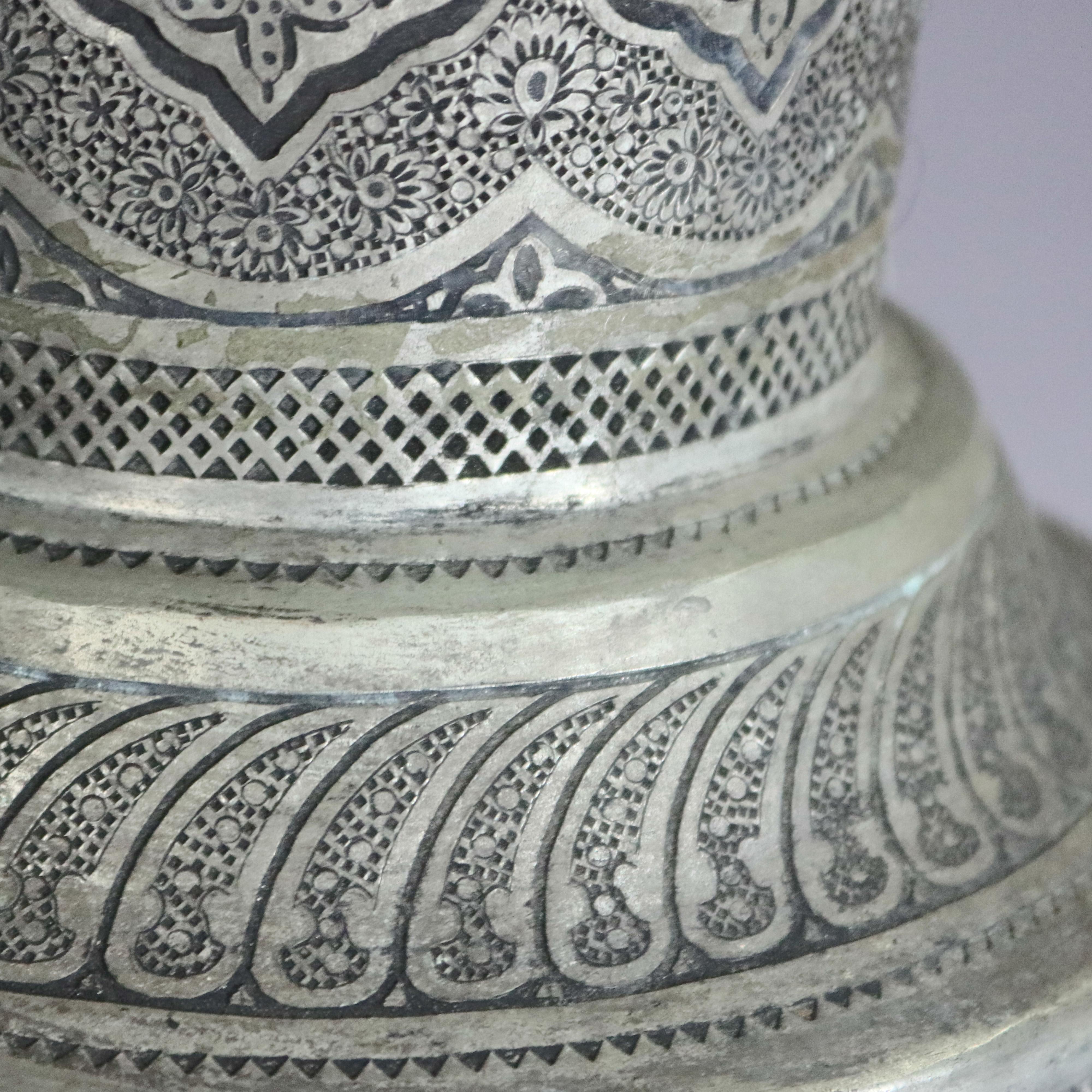 Metal Pair of Monumental Persian Hand-Hammered Nickel-Plated Floor Urns, 19th Century