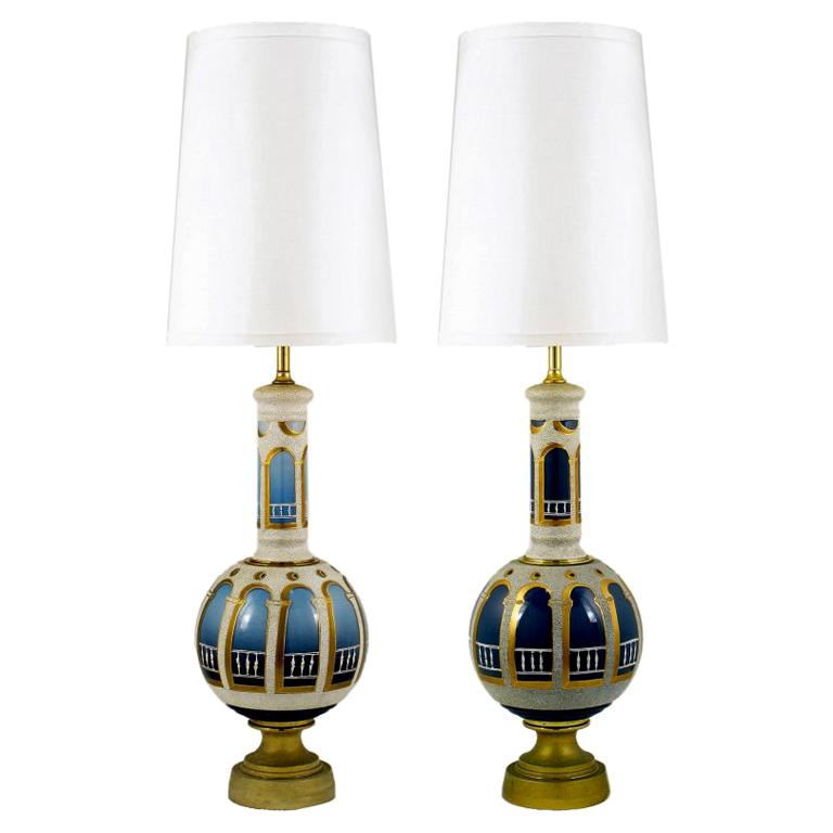 Pair Monumental Reverse Painted & Gilded Blue Glass Table Lamps