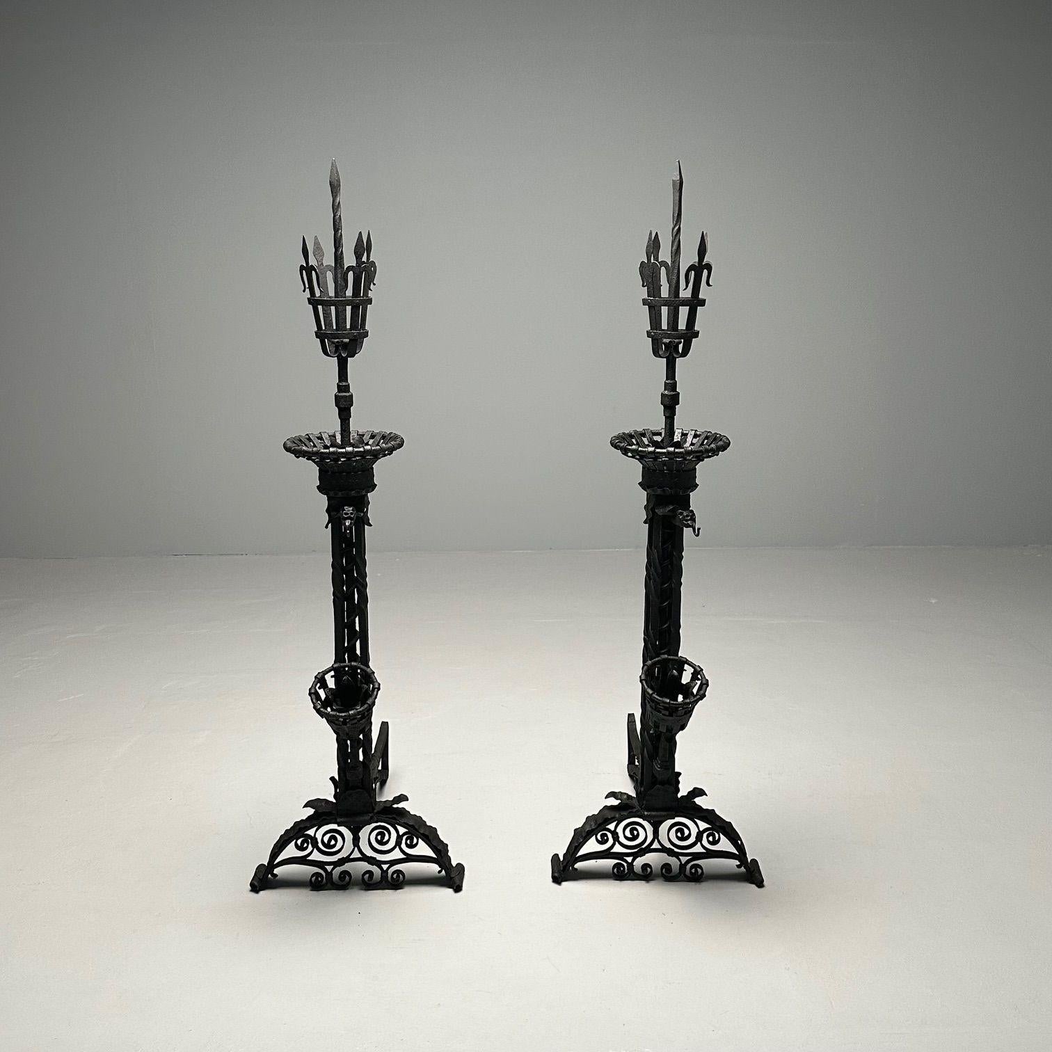 Samuel Yellin Style, Italian Renaissance, Andirons, Black Wrought Iron, 1920s For Sale 6