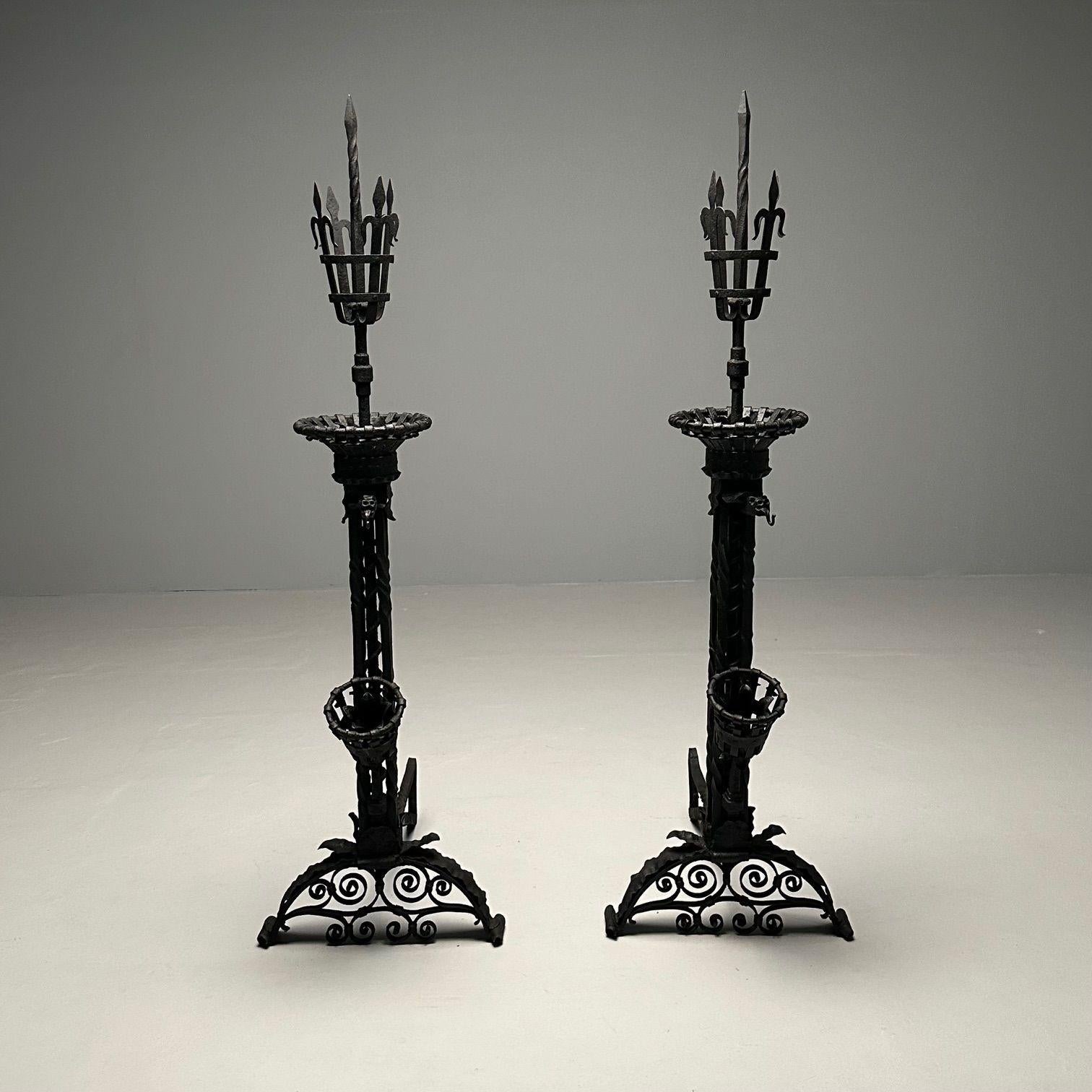 Samuel Yellin Style, Italian Renaissance, Andirons, Black Wrought Iron, 1920s For Sale 8