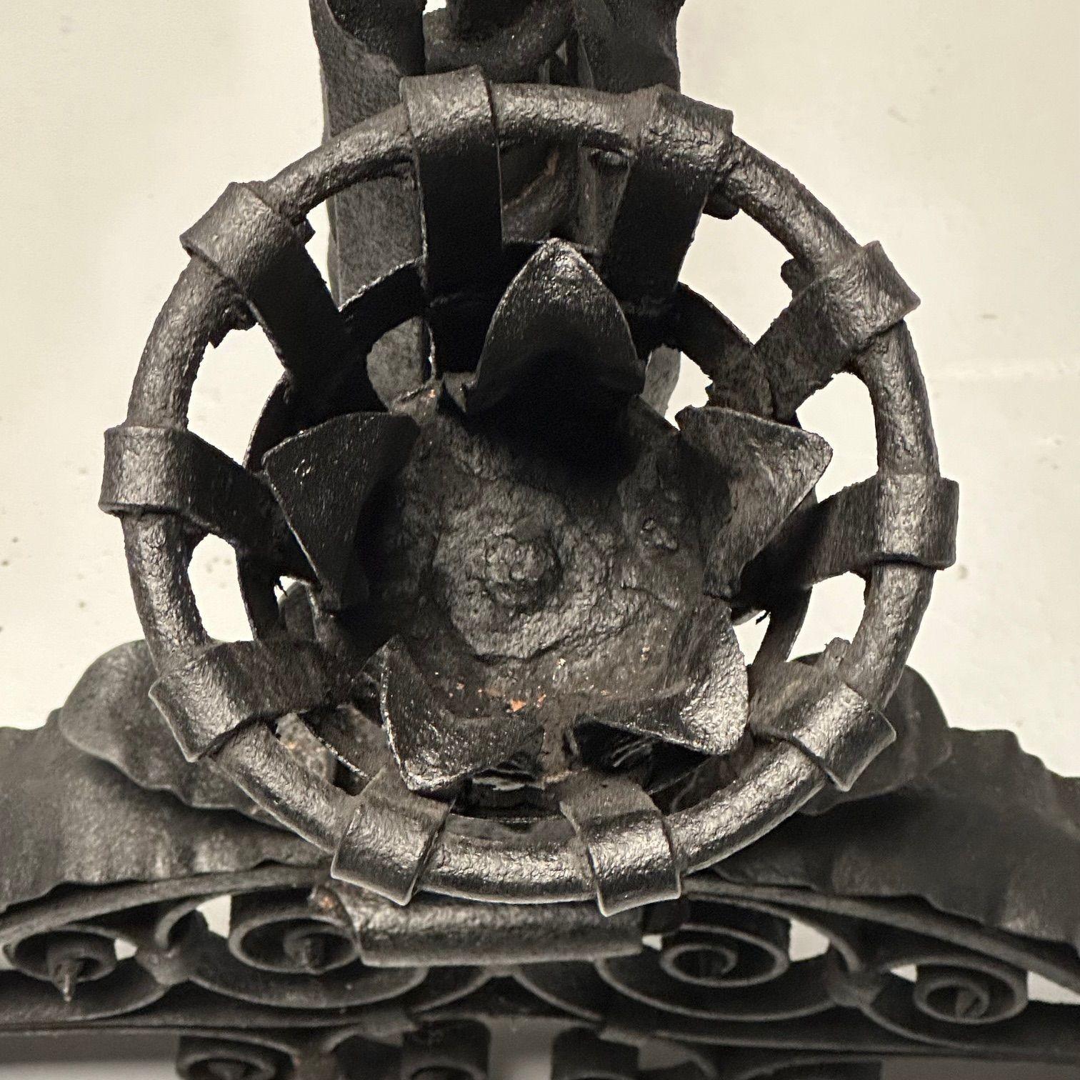 Samuel Yellin Style, Italian Renaissance, Andirons, Black Wrought Iron, 1920s For Sale 9