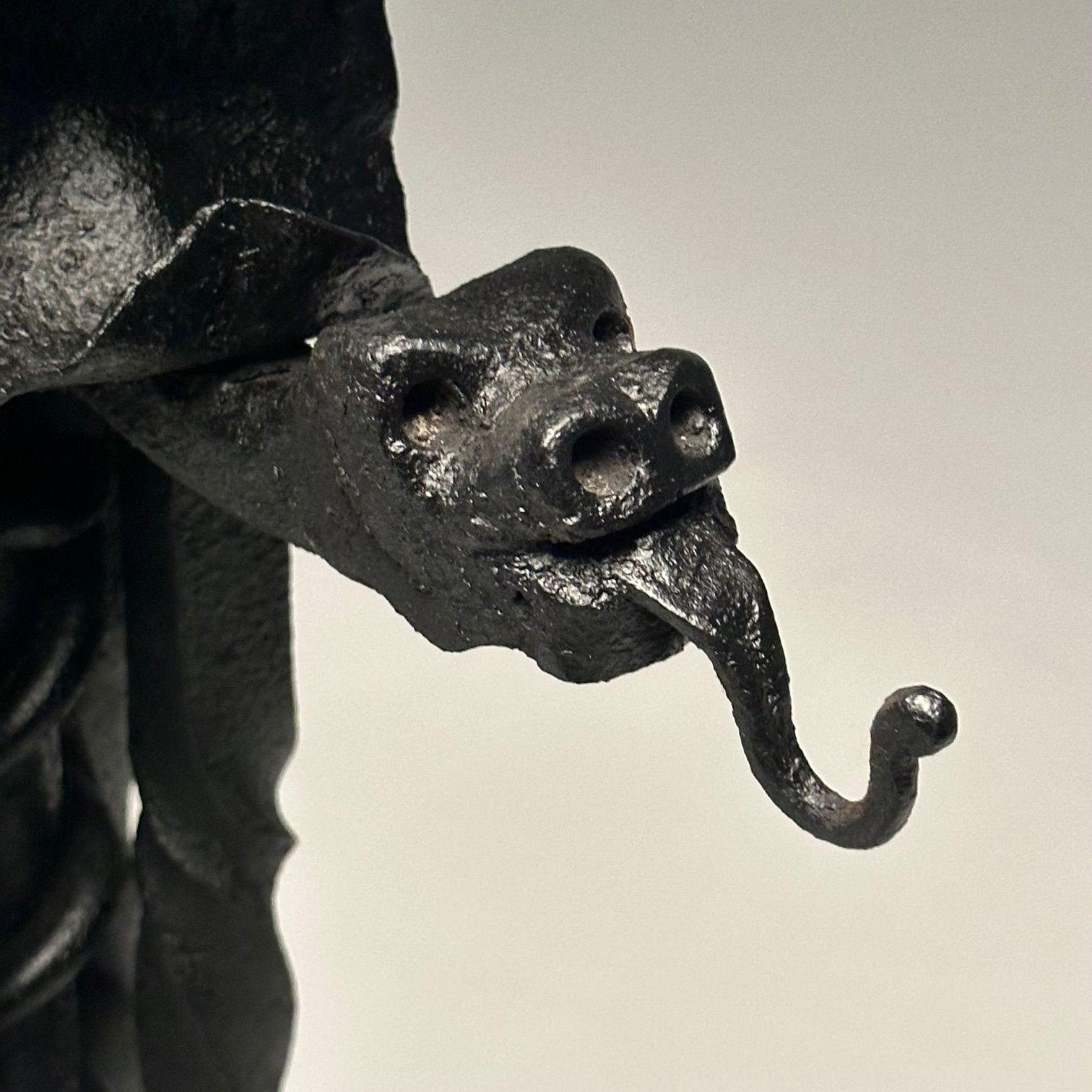 Samuel Yellin Style, Italian Renaissance, Andirons, Black Wrought Iron, 1920s For Sale 14
