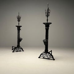 Samuel Yellin Style, Italian Renaissance, Andirons, Black Wrought Iron, 1920s