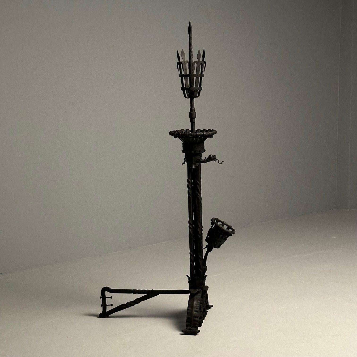 Samuel Yellin Style, Italian Renaissance, Andirons, Black Wrought Iron, 1920s For Sale 16