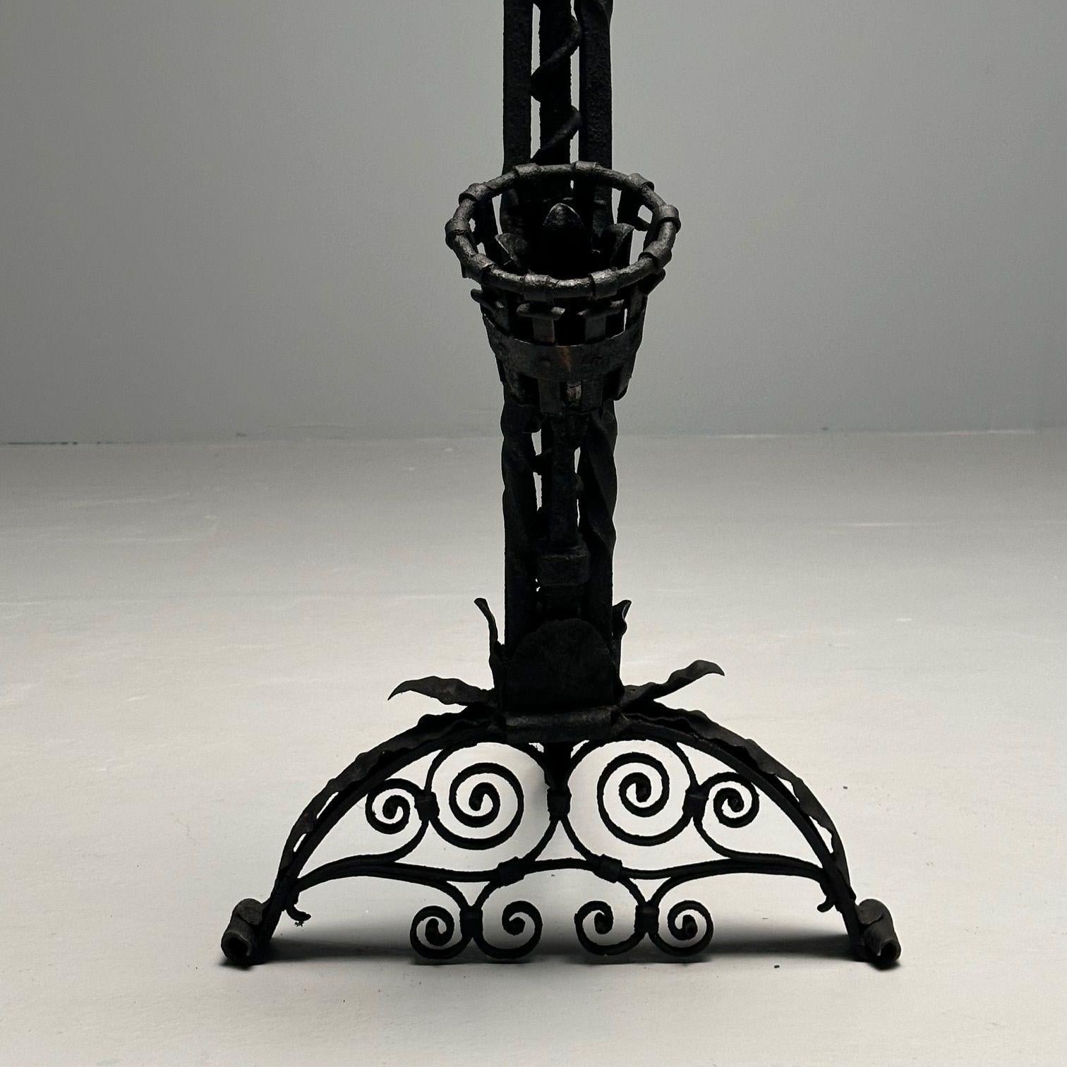 Samuel Yellin Style, Italian Renaissance, Andirons, Black Wrought Iron, 1920s For Sale 3