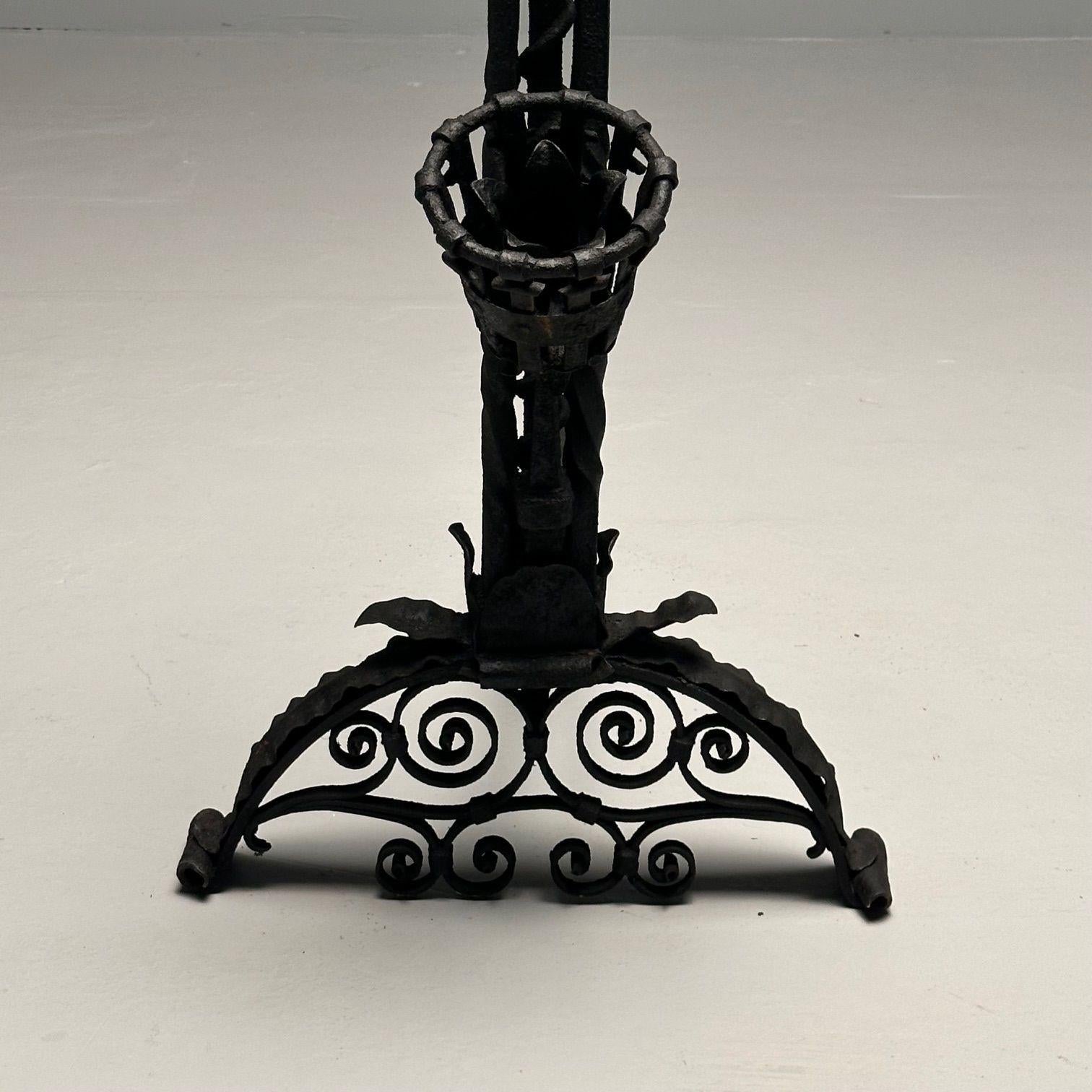 Samuel Yellin Style, Italian Renaissance, Andirons, Black Wrought Iron, 1920s For Sale 4
