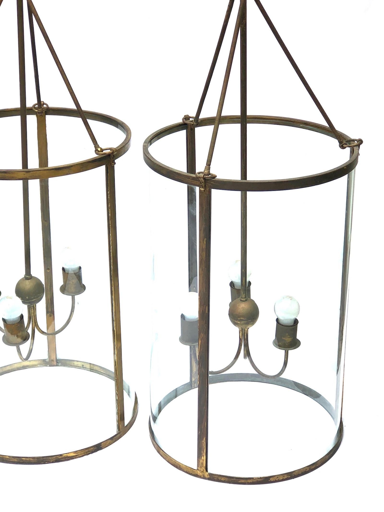 Mid-20th Century Pair of Monumental Size Brass and Glass Art Deco Chandeliers Vintage, German