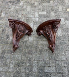 Pair Monumental Walnut Renaissance Revival Grotesque Mask Architectural Corbels