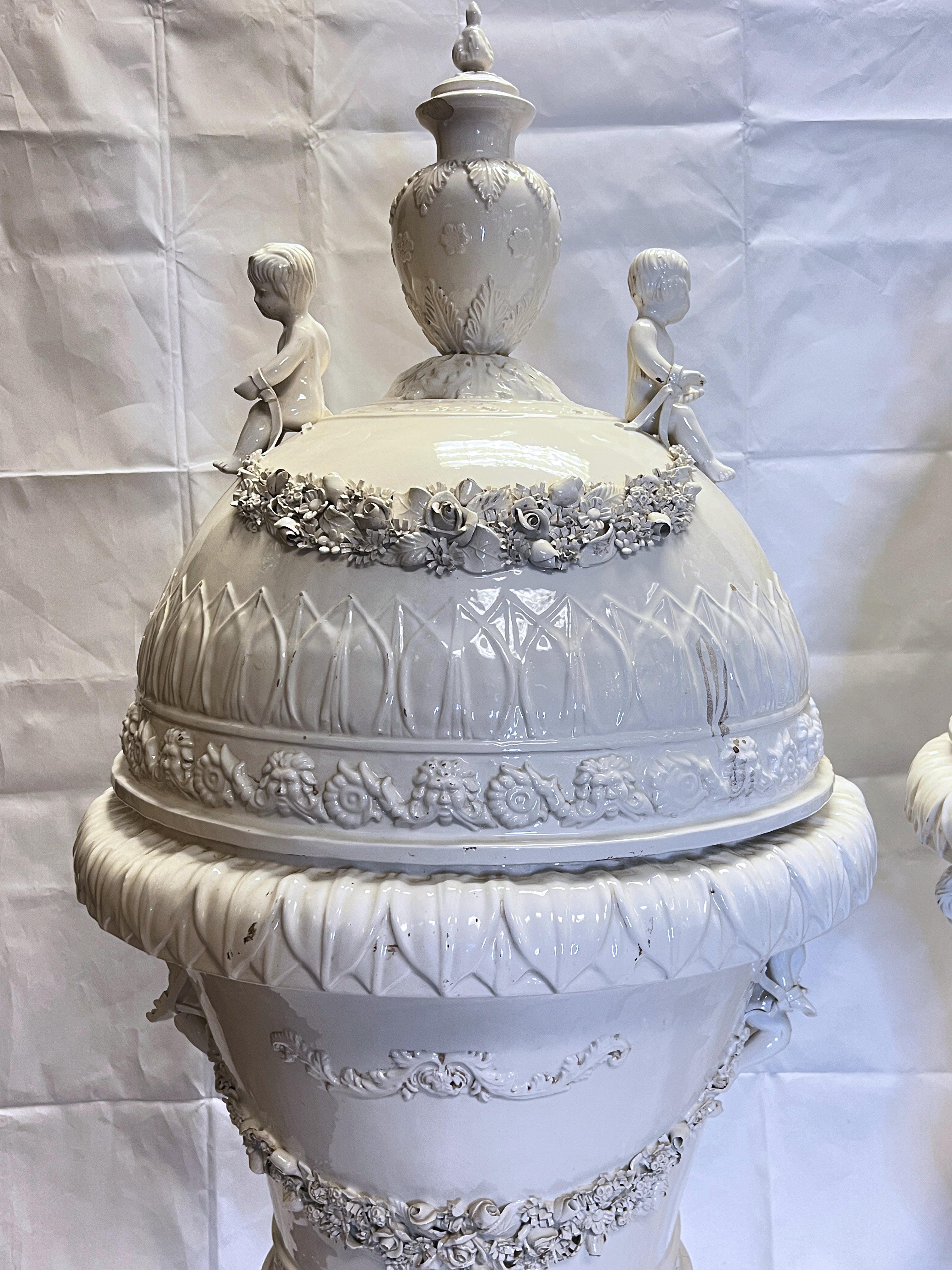 Pair Monumental White Glazed Northern European Floor Vases and Covers For Sale 4
