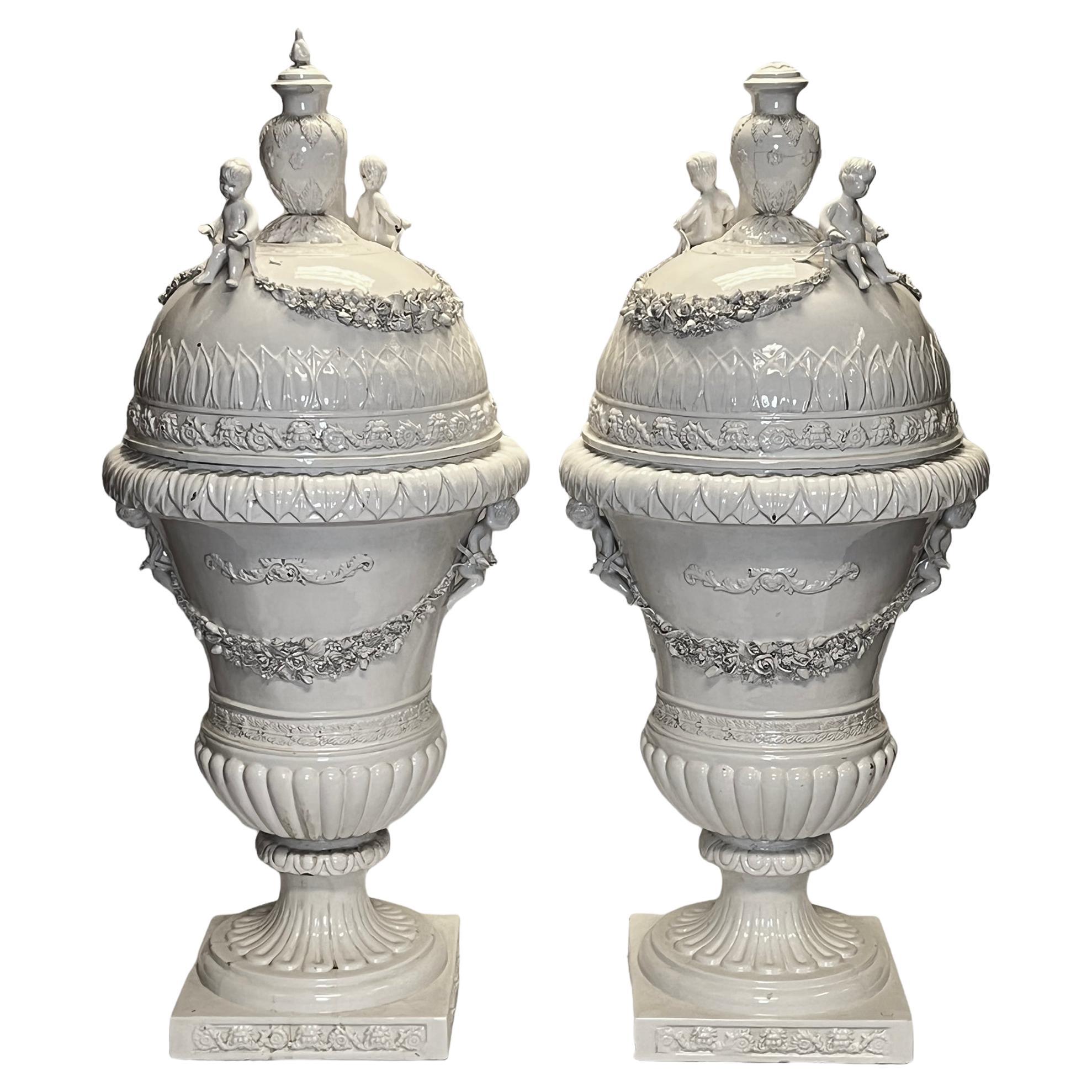 Pair Monumental White Glazed Northern European Floor Vases and Covers