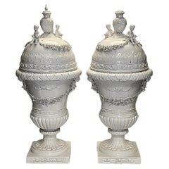 Pair Monumental White Glazed Northern European Floor Vases and Covers
