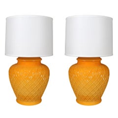 Pair Monumental Yellow Trellised Table Lamps