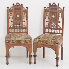 Antique Pair of Moroccan Carved Inlaid Side Chairs
