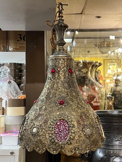 Pair Moroccan Moorish Style Jeweled Metal Lanterns / Chandeliers / Hanging Lamps