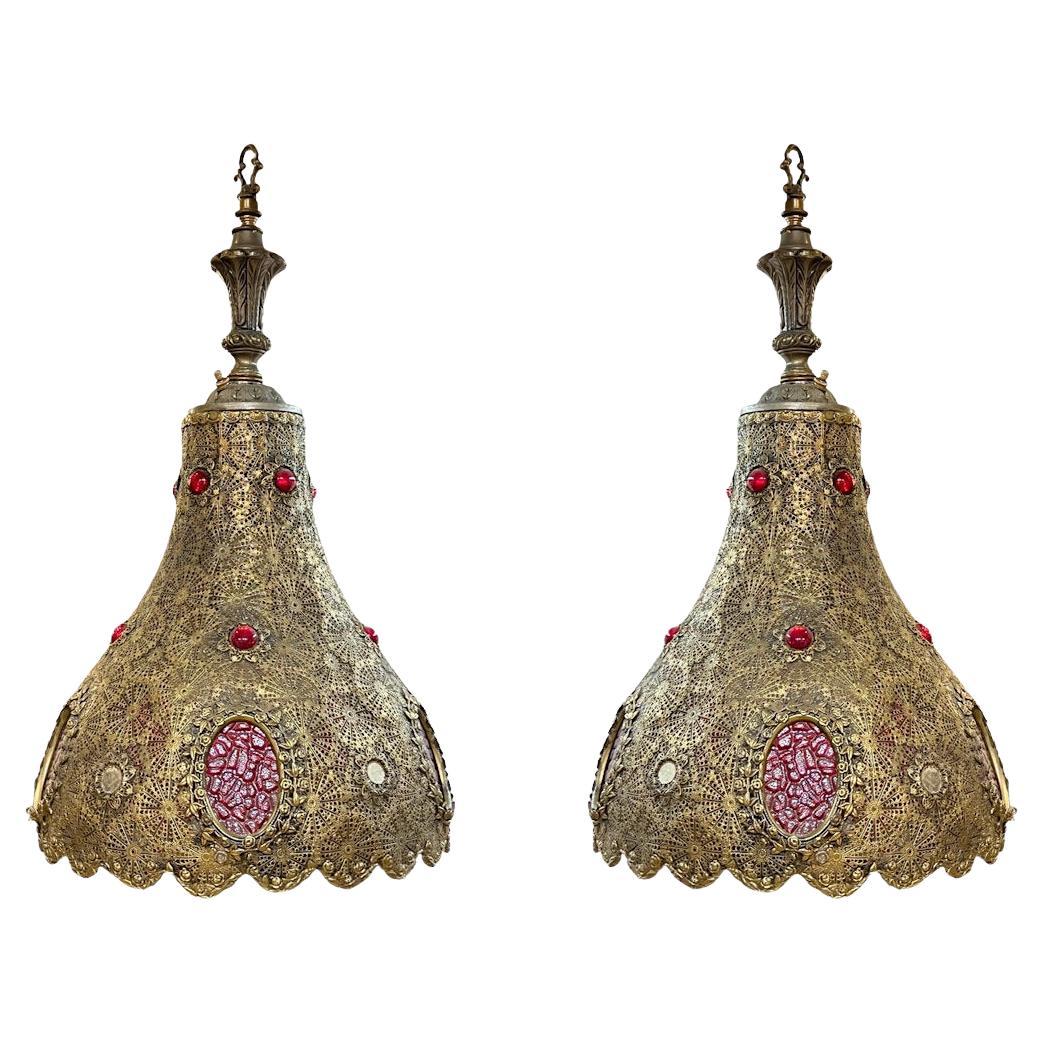 Pair Moroccan Moorish Style Jeweled Metal Lanterns / Chandeliers / Hanging Lamps