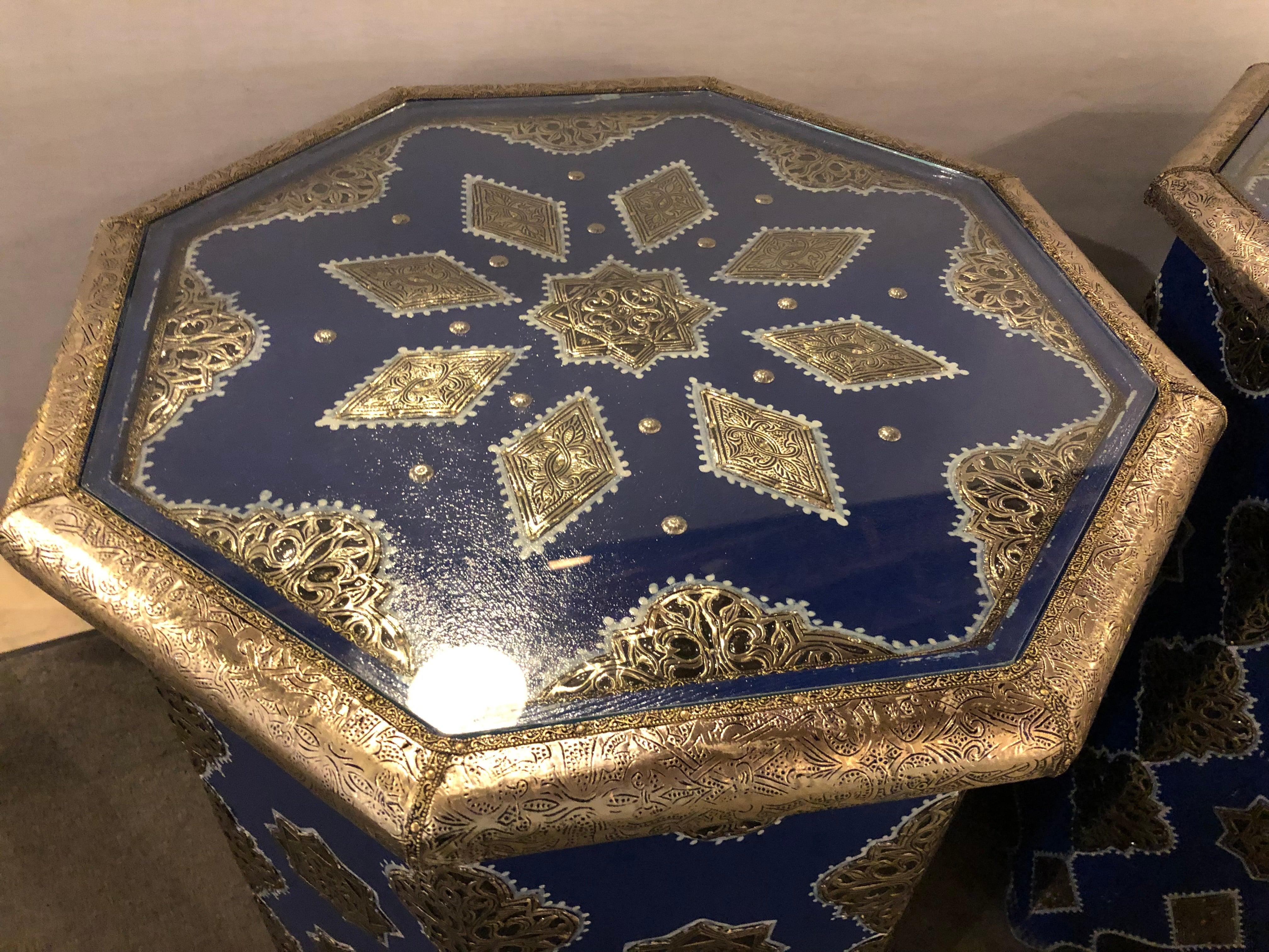 Pair of White and Gold Brass Inlaid Side or Center Tables in Blue Majorelle 10