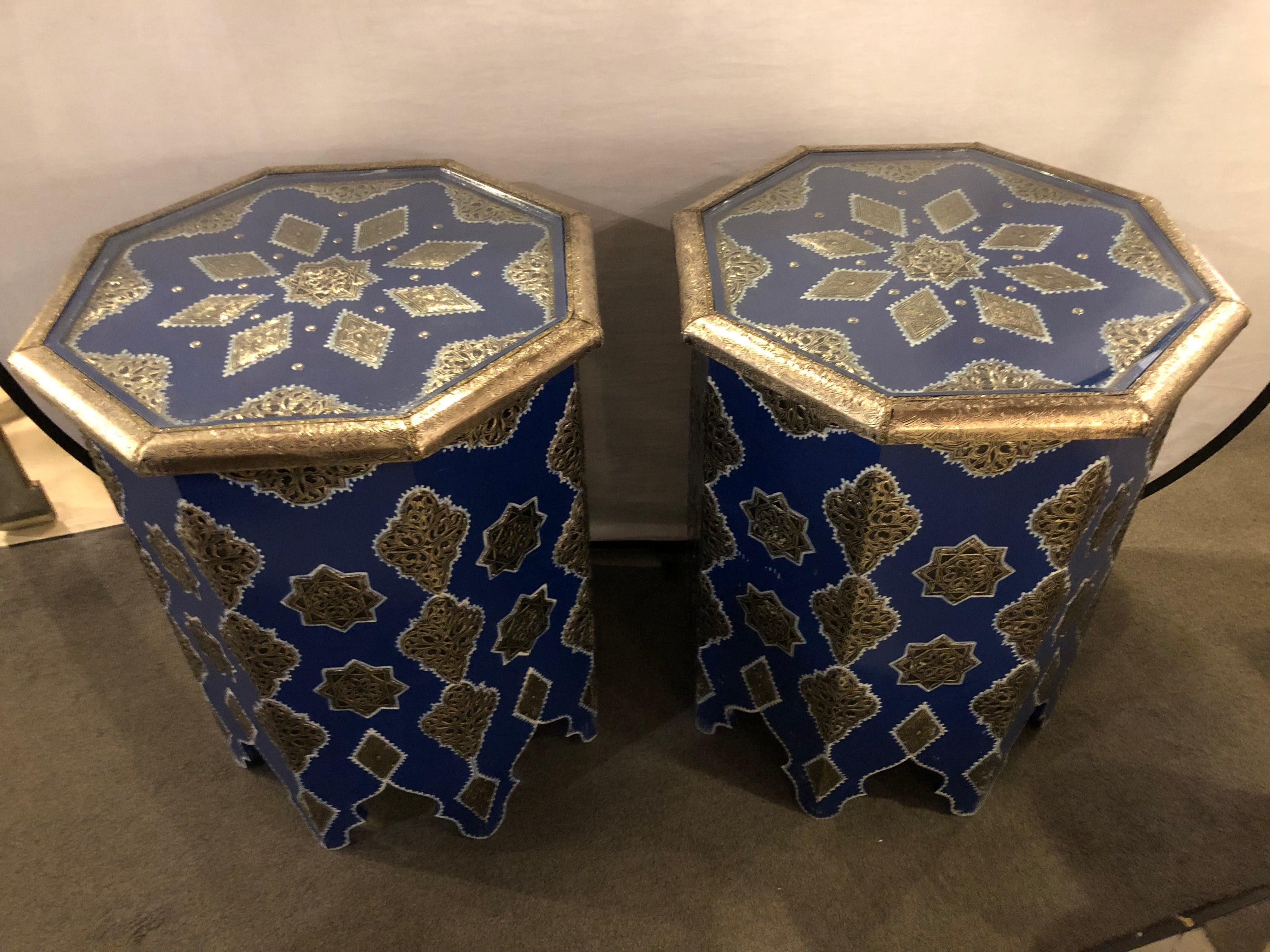 Pair of White and Gold Brass Inlaid Side or Center Tables in Blue Majorelle 11