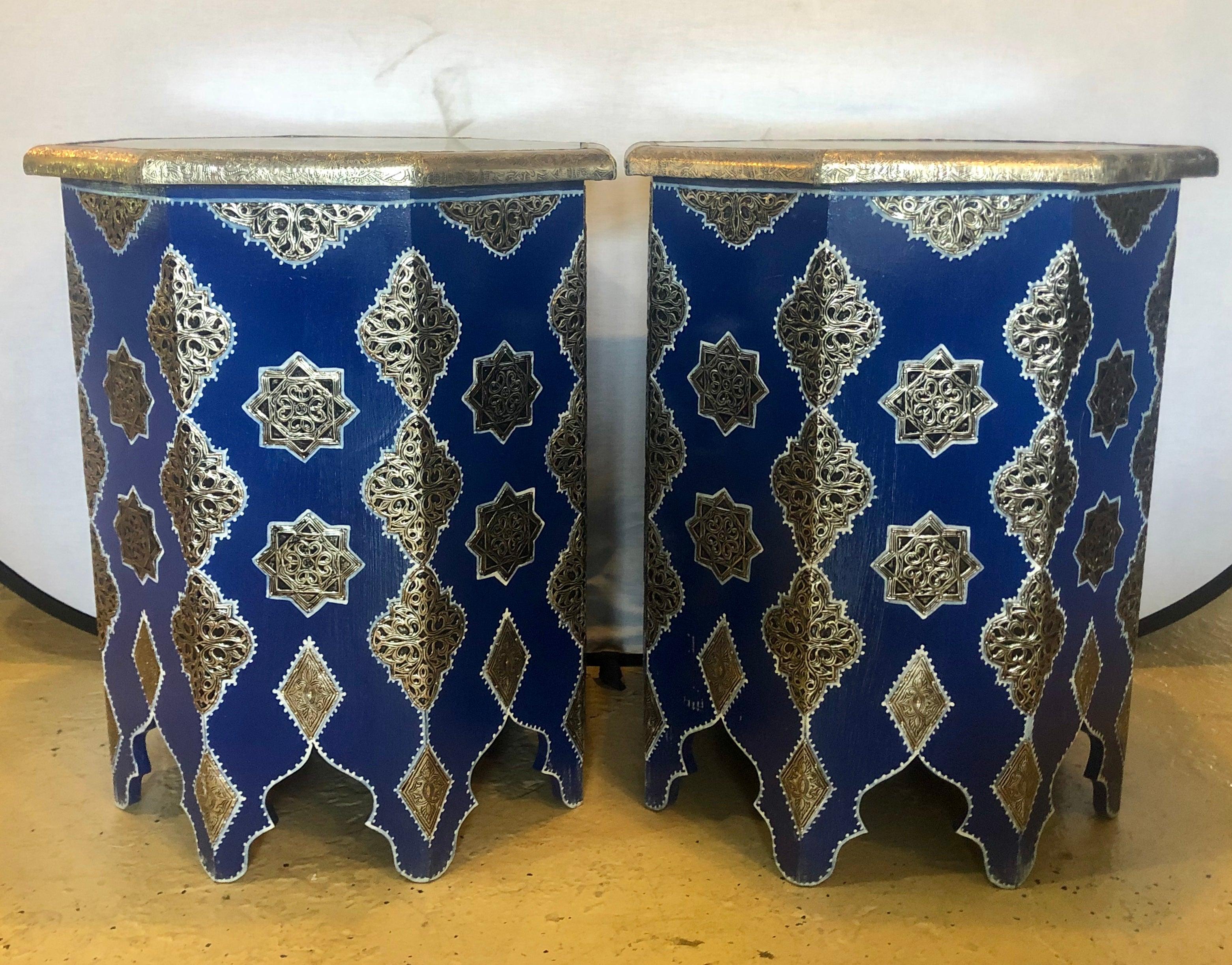 Fine pair of large Moroccan white brass and gold brass inlaid side or center tables in blue majorelle. Inspired by the legendary Yves Saint Laurent garden in Marrakech, this charming octagonal shaped side table or will add unique style and