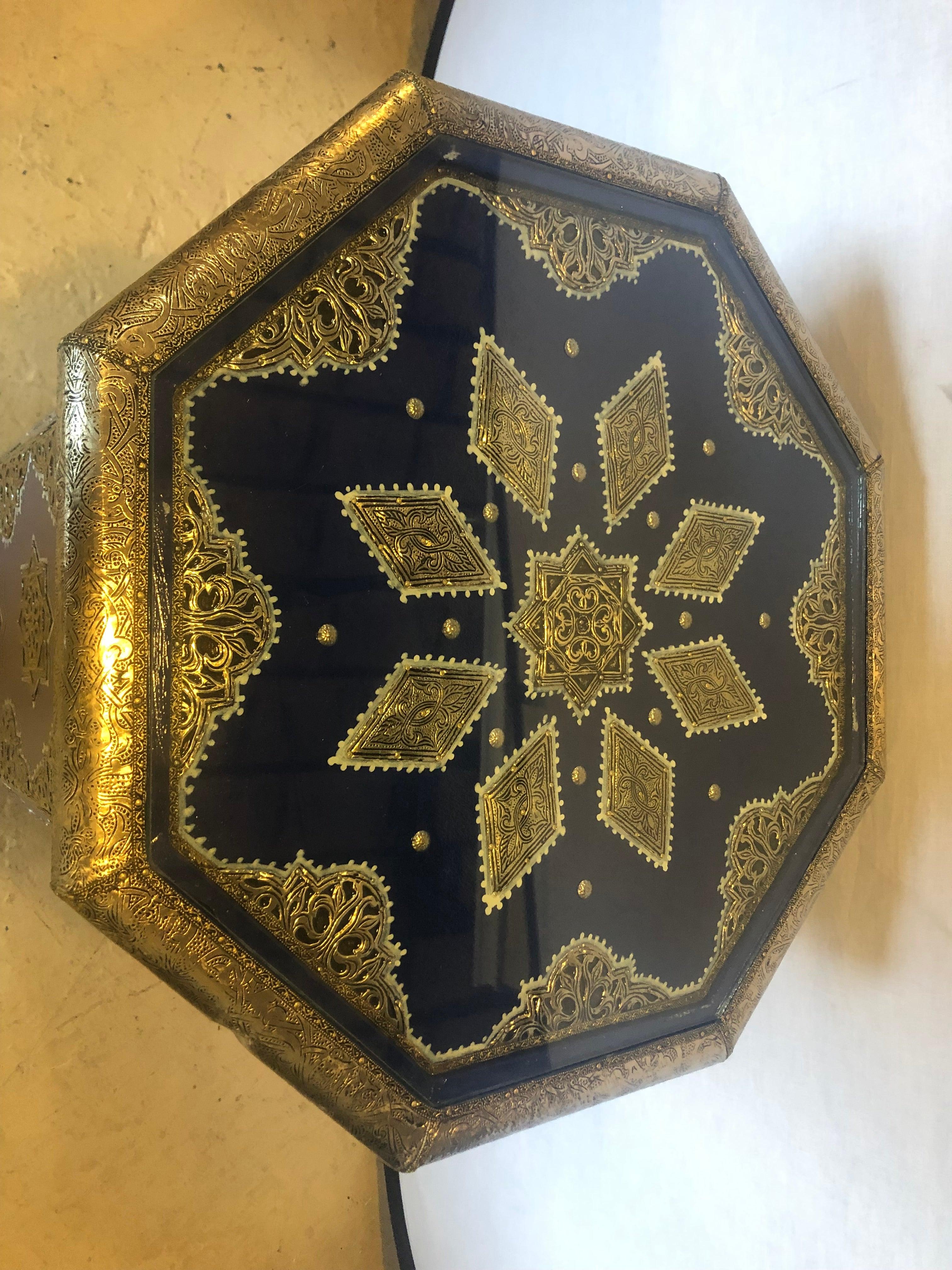 Late 20th Century Pair of White and Gold Brass Inlaid Side or Center Tables in Blue Majorelle