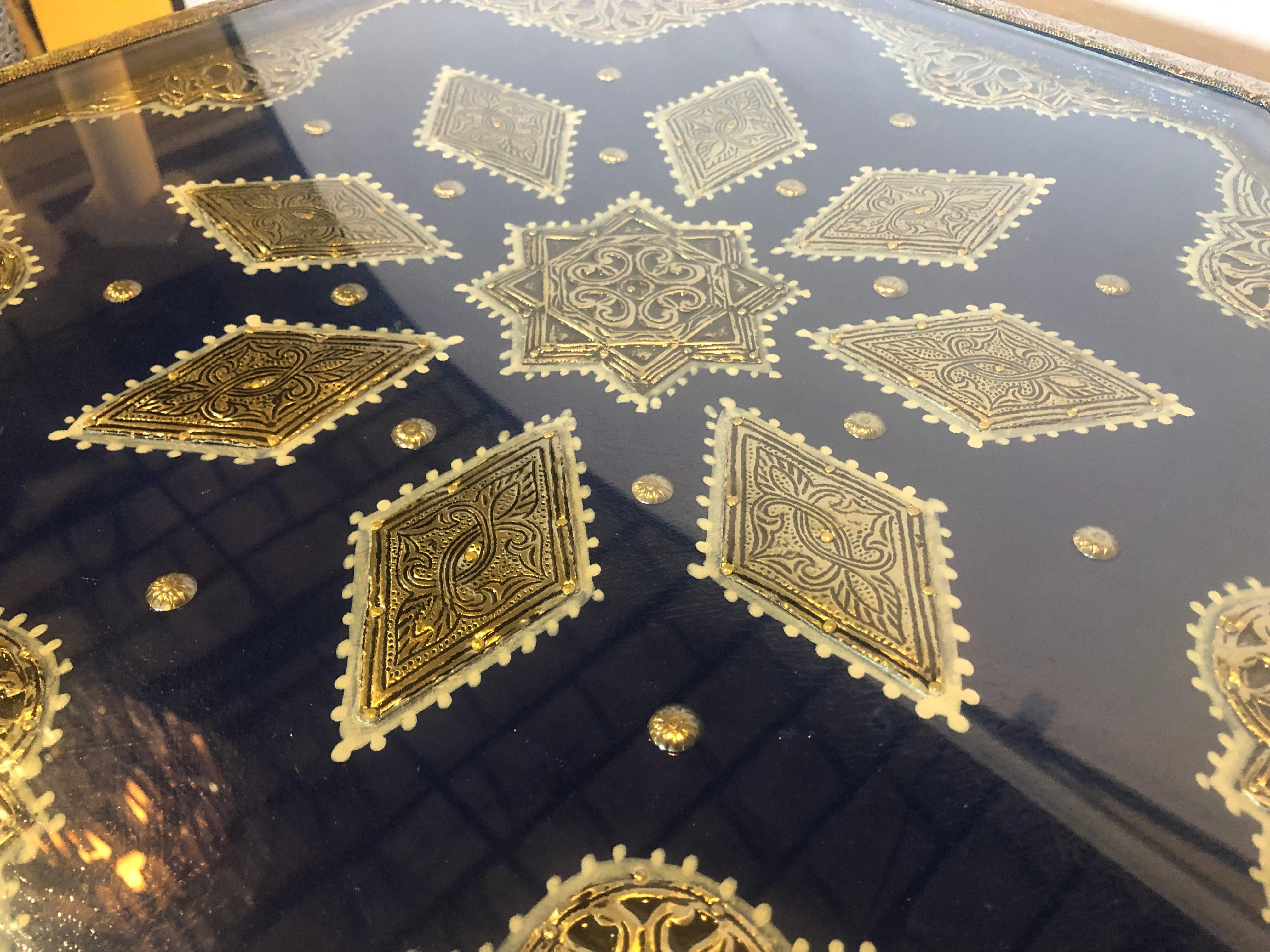Pair of White and Gold Brass Inlaid Side or Center Tables in Blue Majorelle 1