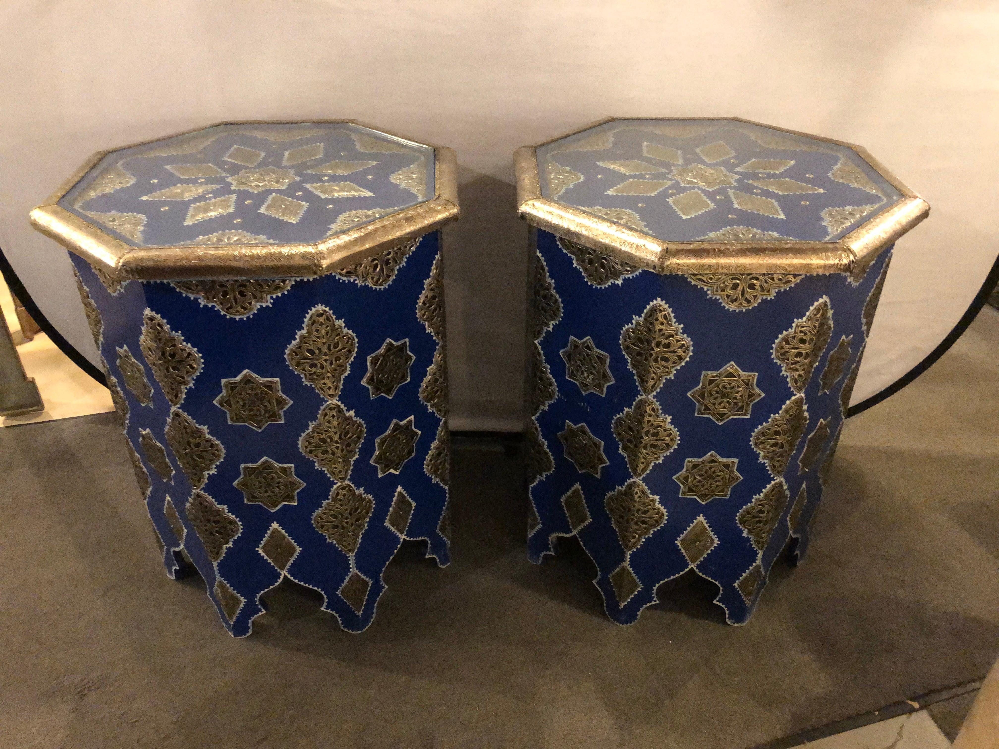 Pair of White and Gold Brass Inlaid Side or Center Tables in Blue Majorelle 2