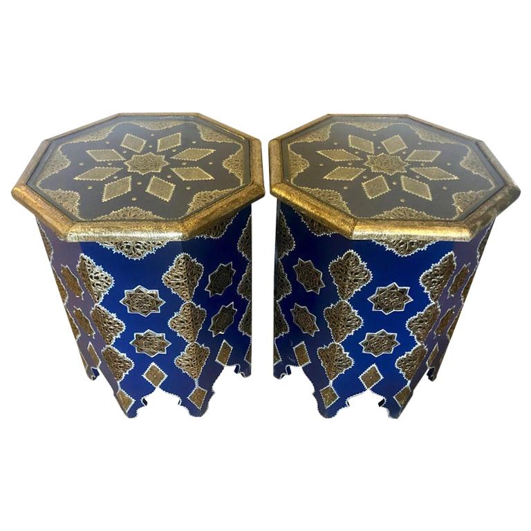 Pair of White and Gold Brass Inlaid Side or Center Tables in Blue Majorelle