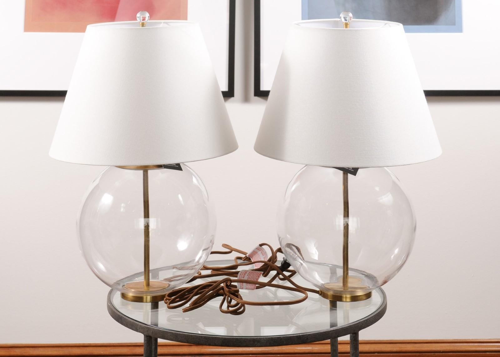 Pair, Morton Table Lamp in Clear Glass with Linen Shade For Sale 5