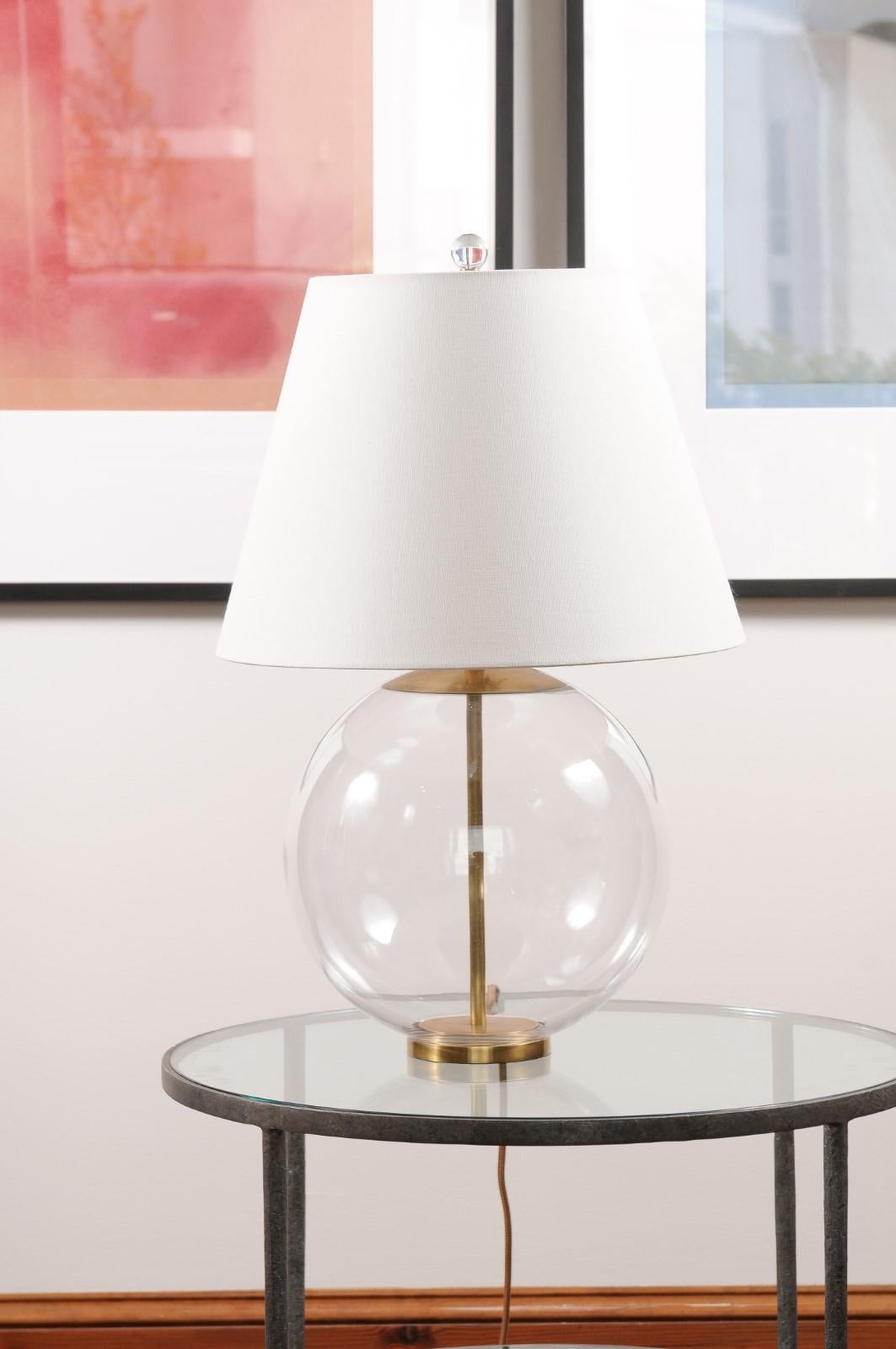 Pair - Morton table lamp in clear glass with linen shade.