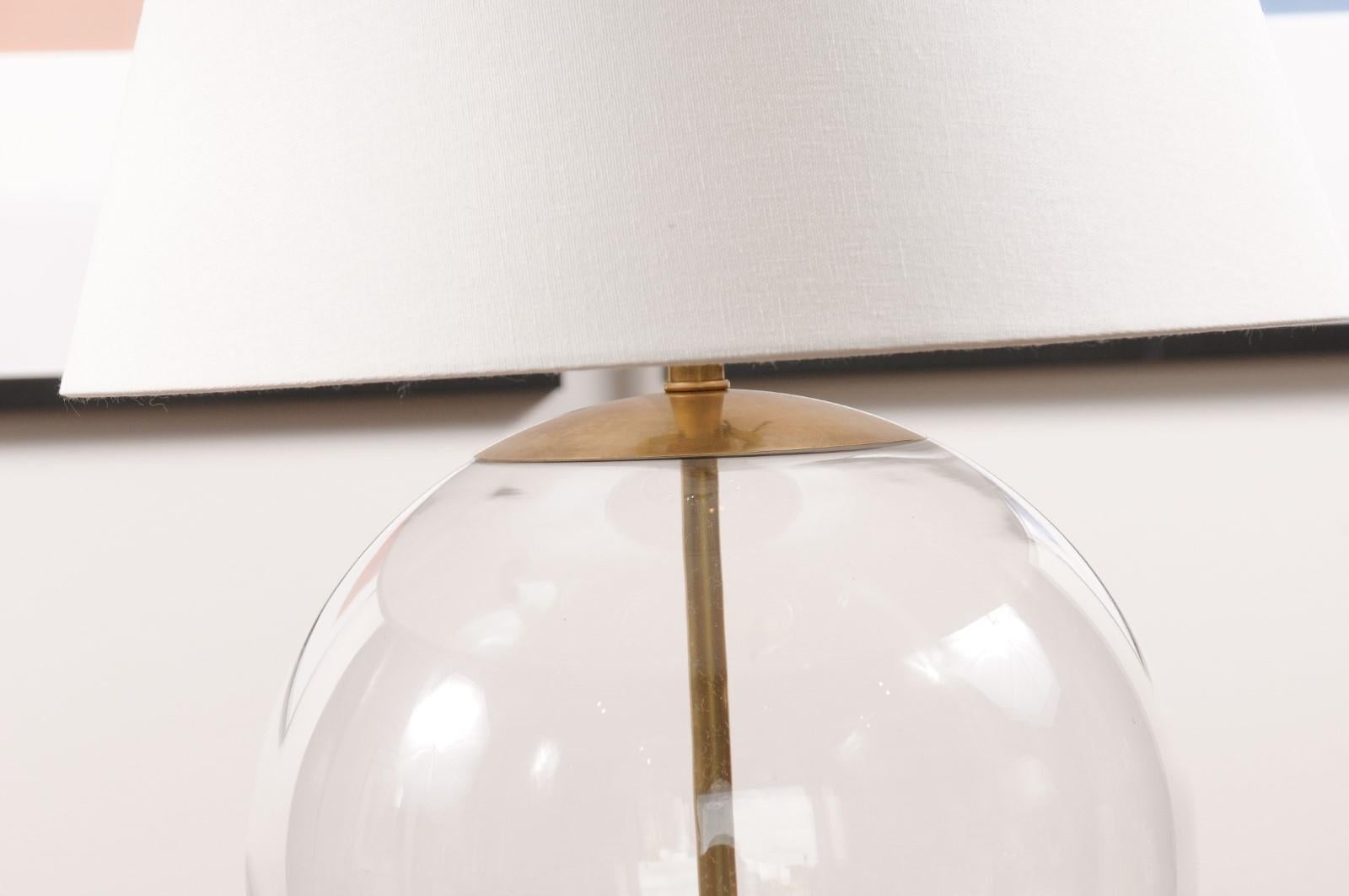 Pair, Morton Table Lamp in Clear Glass with Linen Shade In Good Condition For Sale In Atlanta, GA