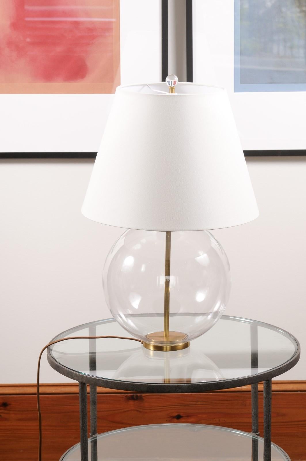 Pair, Morton Table Lamp in Clear Glass with Linen Shade For Sale 1