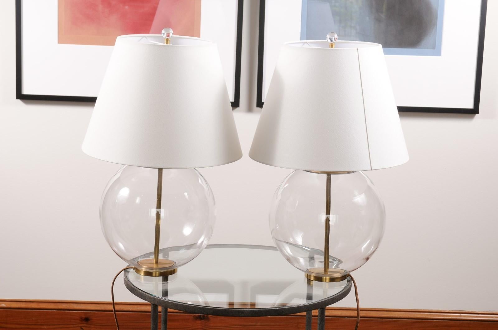 Pair, Morton Table Lamp in Clear Glass with Linen Shade For Sale 2
