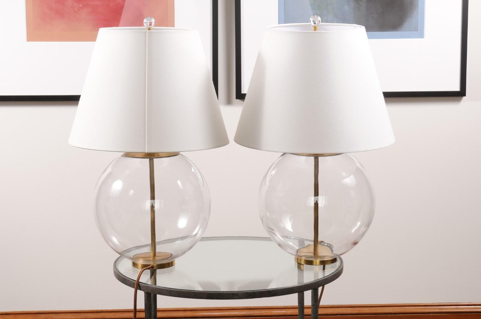 Pair, Morton Table Lamp in Clear Glass with Linen Shade For Sale 3