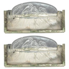Antique Pair Muller Freres Luneville Frosted Glass Art Deco Wall Sconces, circa 1930s