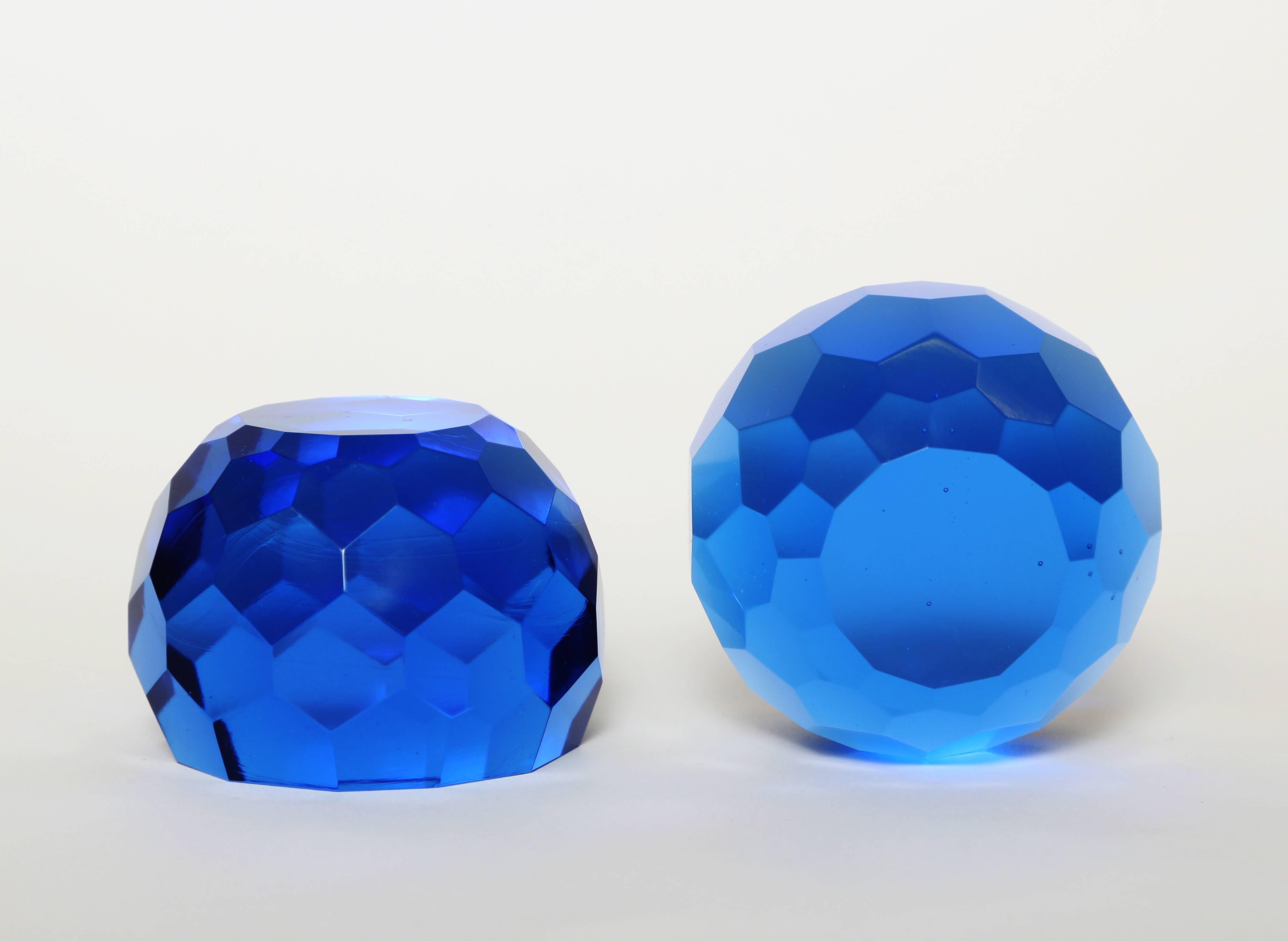 American Matched Pair of Cobalt Blue Faceted Crystal Paperweights