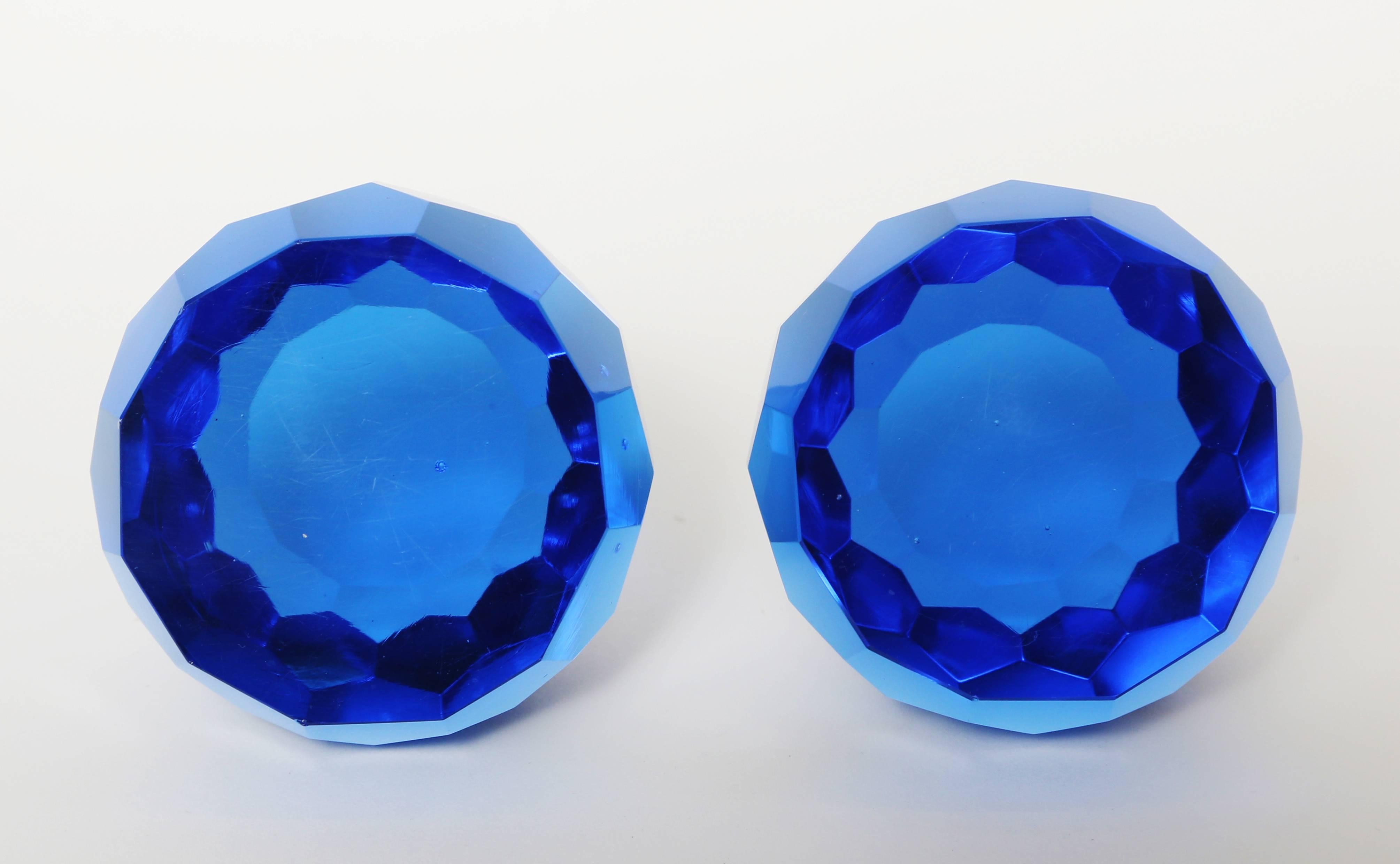 Hand-Crafted Matched Pair of Cobalt Blue Faceted Crystal Paperweights