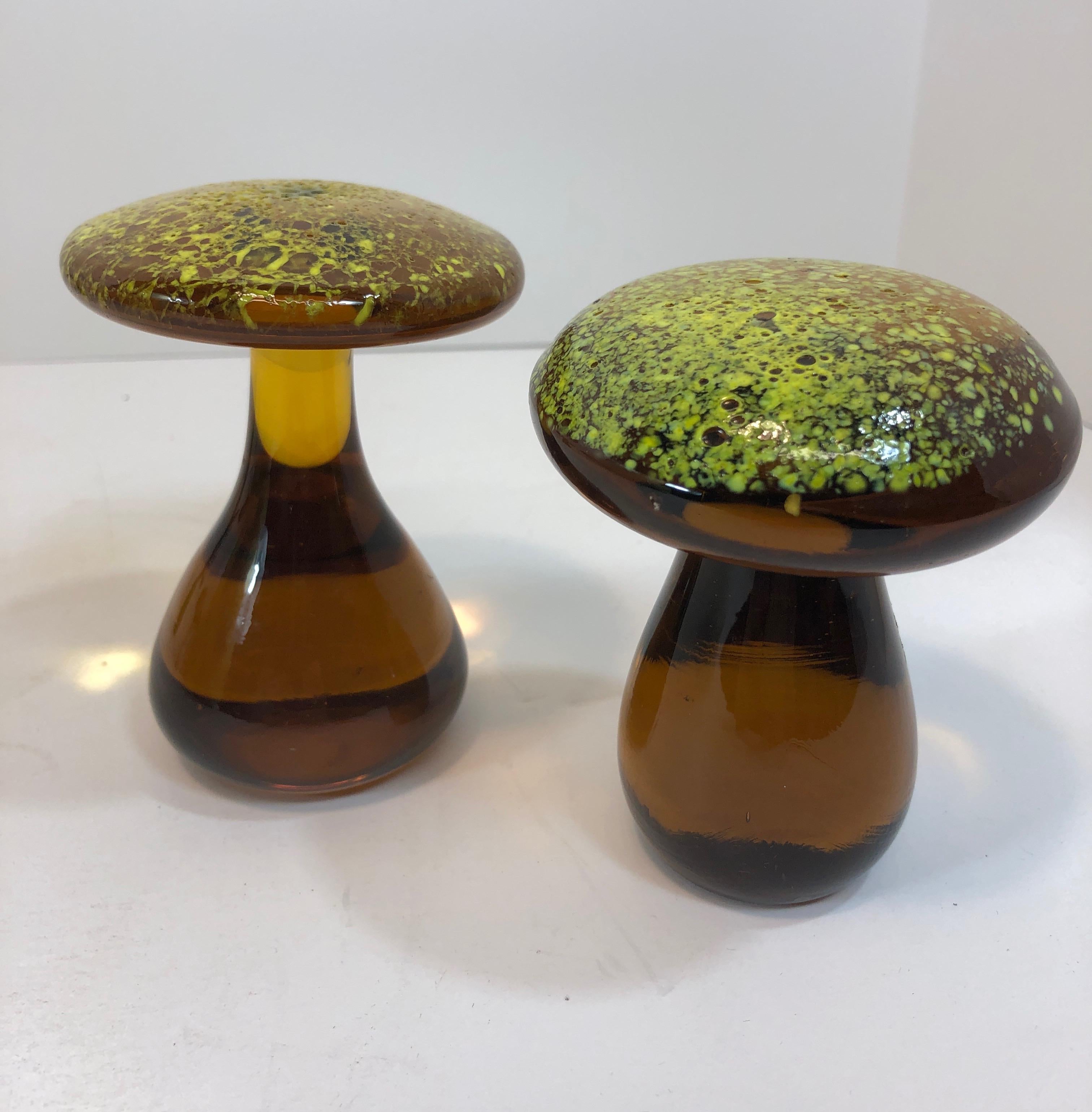 Murano hand blown amber with yellow spots Italian art glass mushroom paperweight.