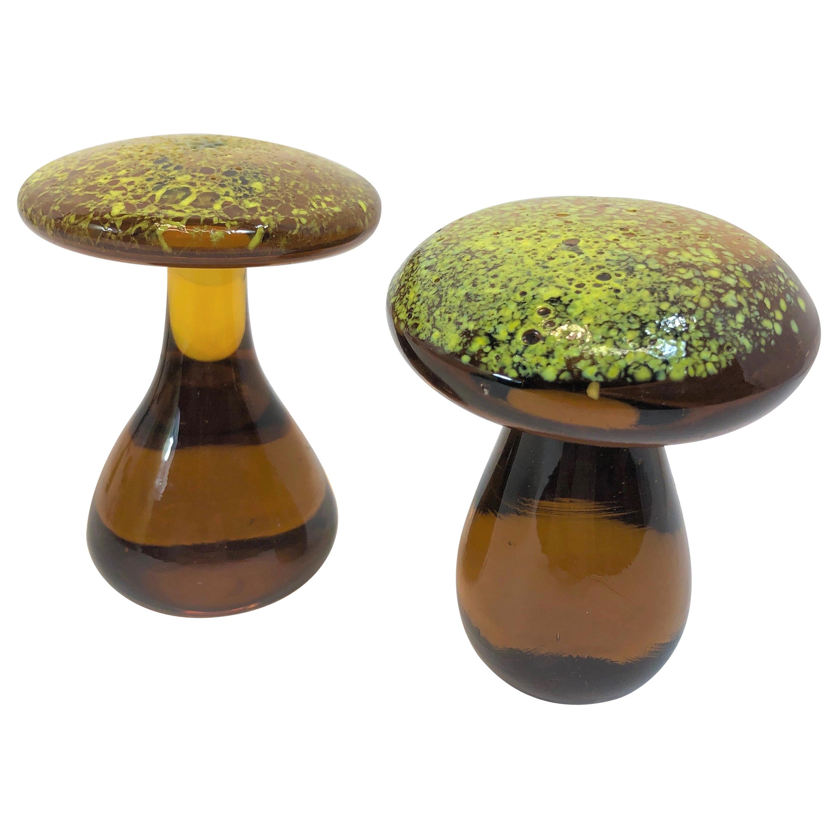 Pair of Murano Amber Italian Art Glass Mushroom Paperweight Sculpture