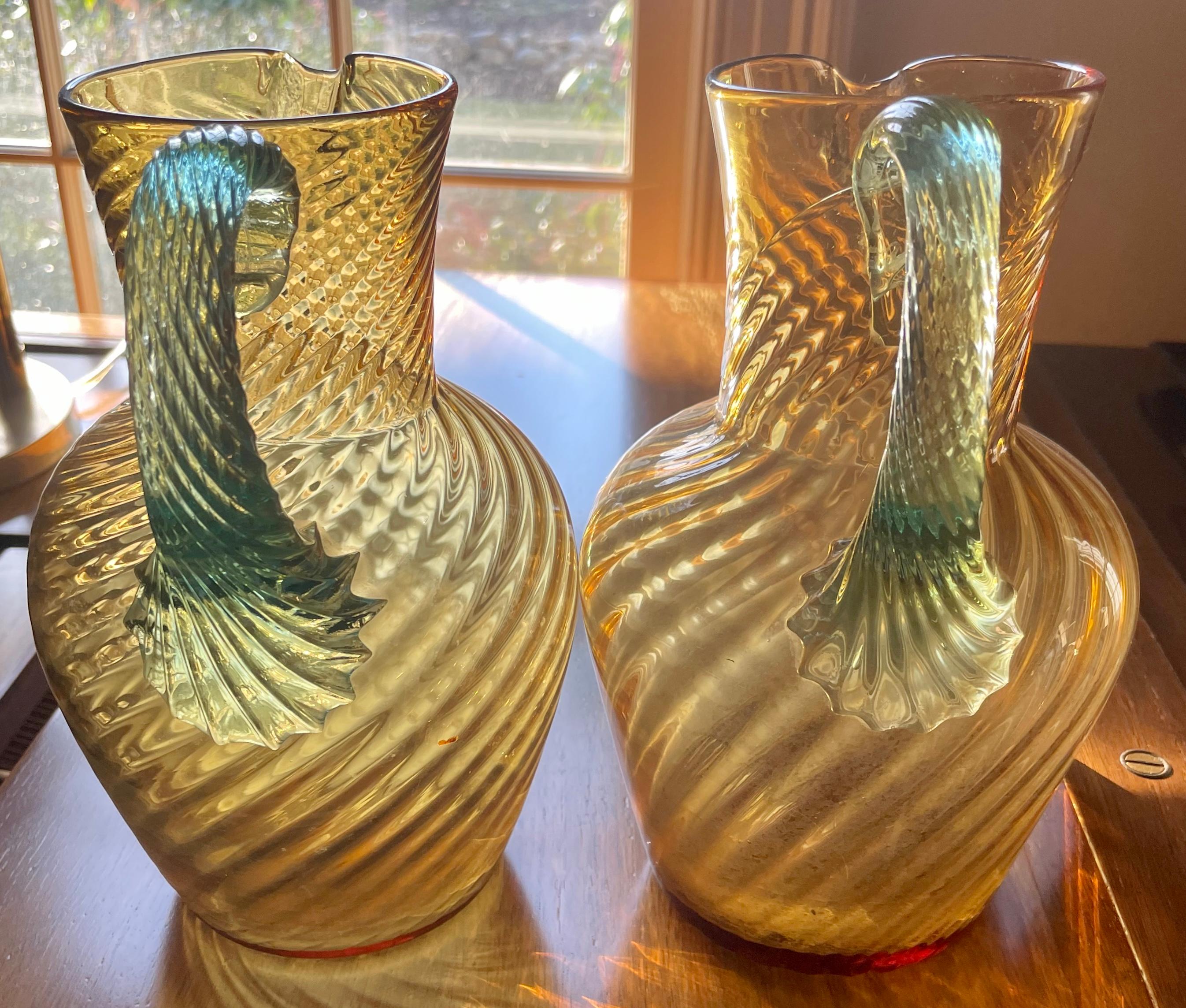 Hand-Crafted Pair Murano Aquamarine and Gold Pitchers For Sale