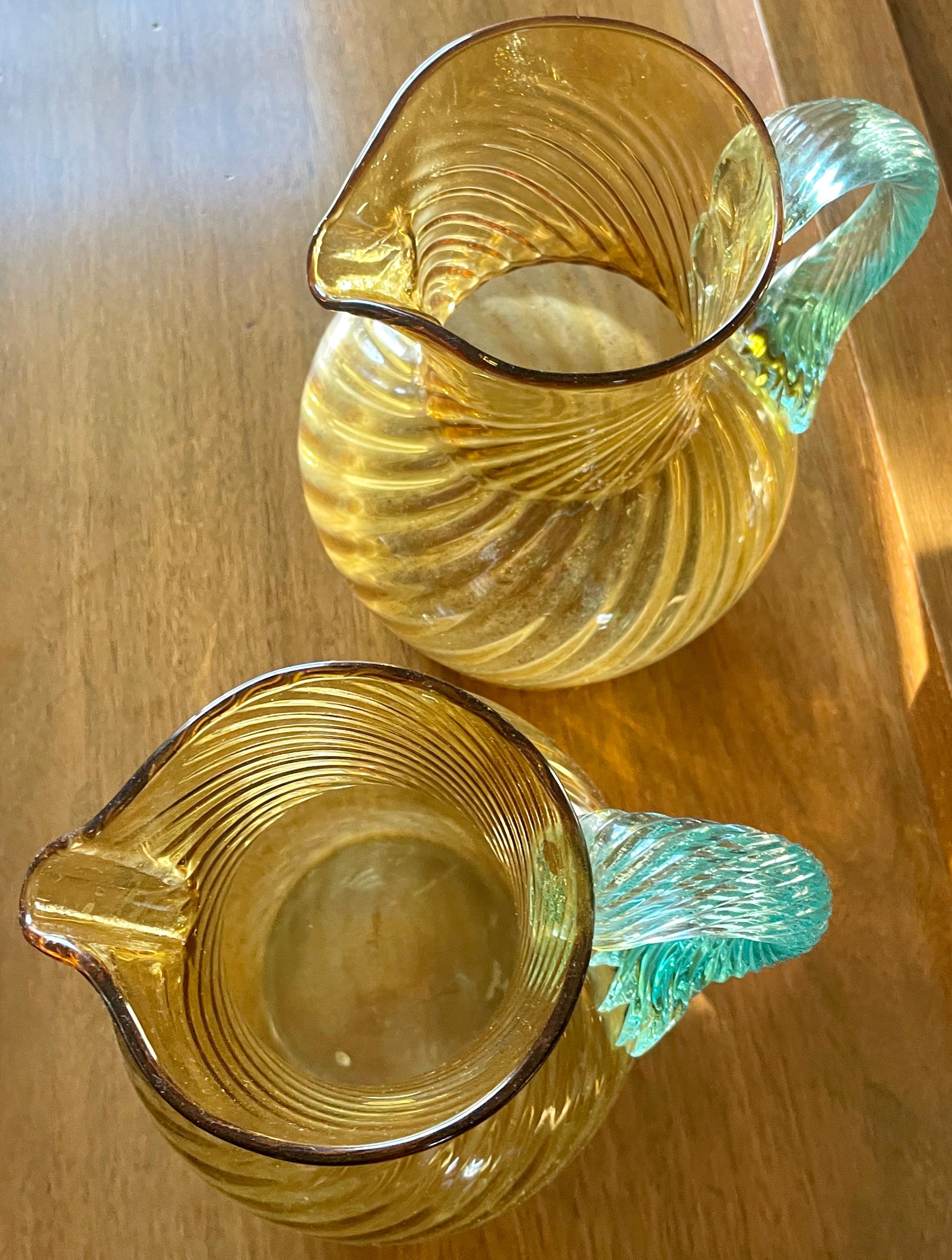 Pair Murano Aquamarine and Gold Pitchers In Good Condition For Sale In New York, NY