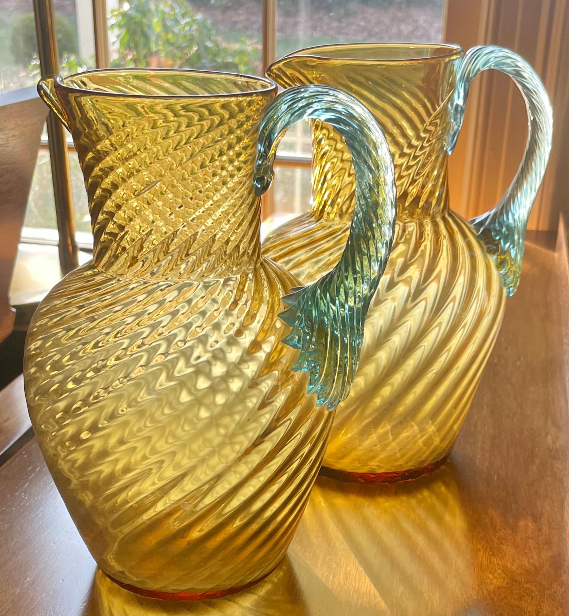 19th Century Pair Murano Aquamarine and Gold Pitchers For Sale