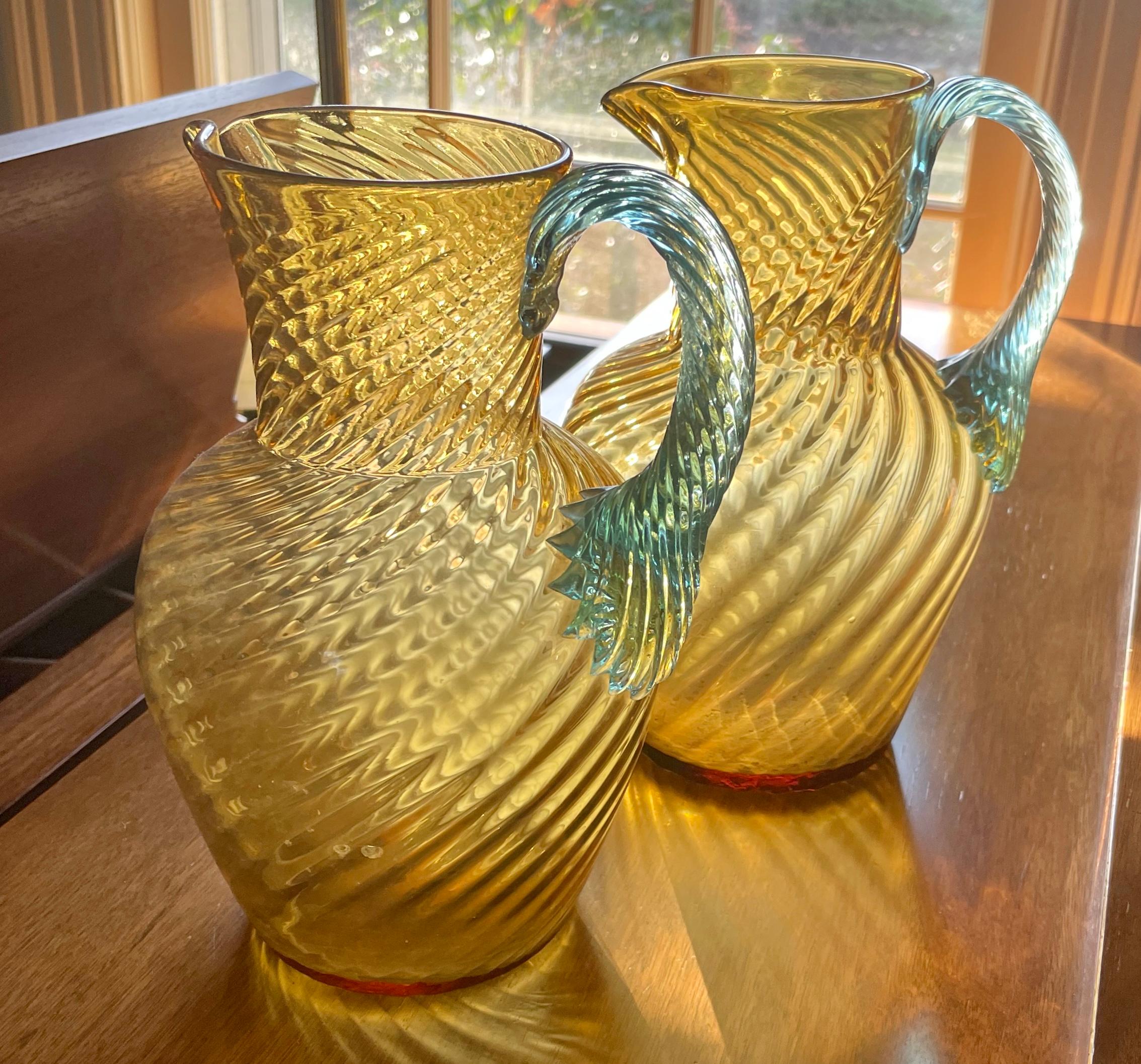 Blown Glass Pair Murano Aquamarine and Gold Pitchers For Sale