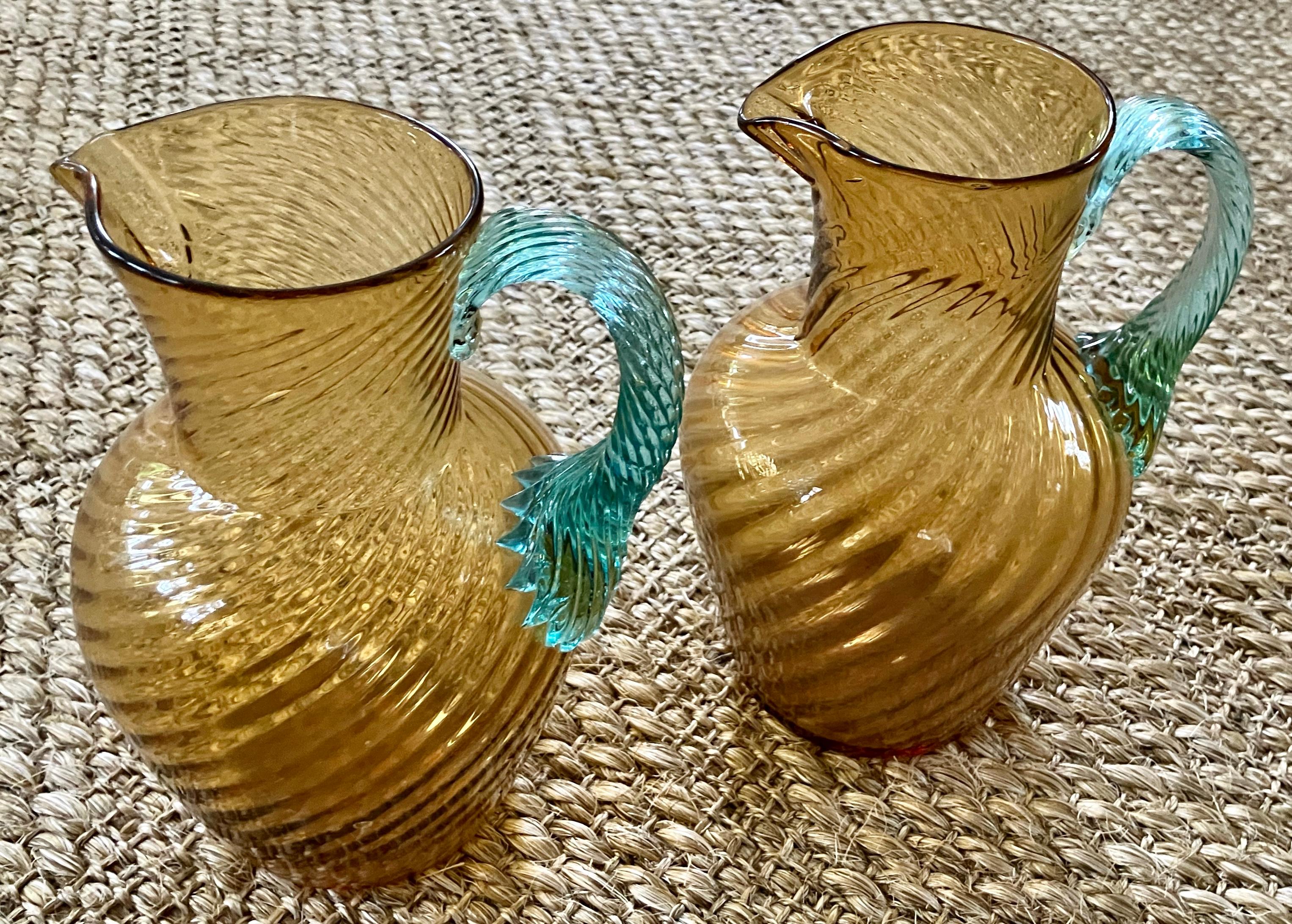 Pair Murano Aquamarine and Gold Pitchers For Sale 1