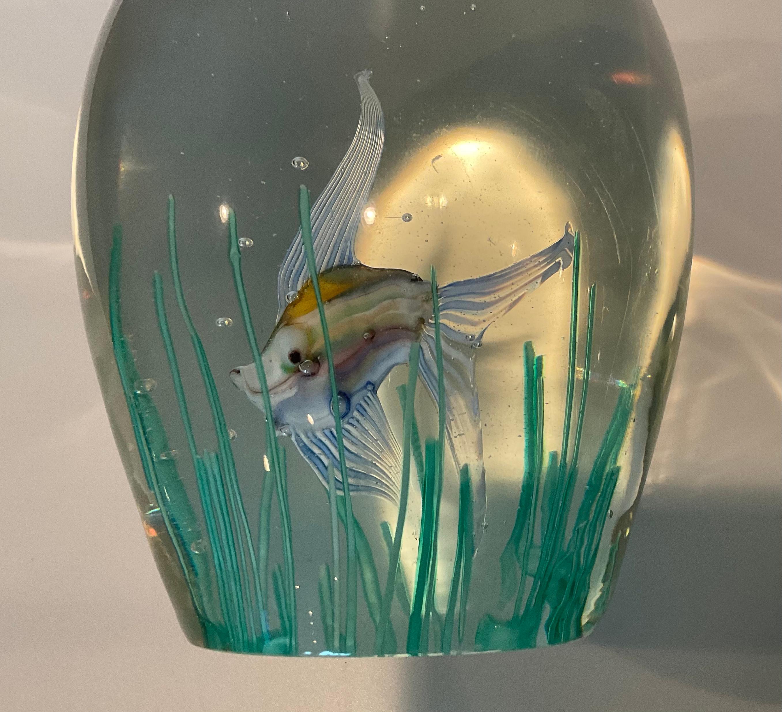 PAIR Murano art glass Barbini Aquarium paperweight sculptures with fish and seaweed encased in the solid glass sculpture. The shorter bookend is 6.25 inches tall and 5 inches wide.