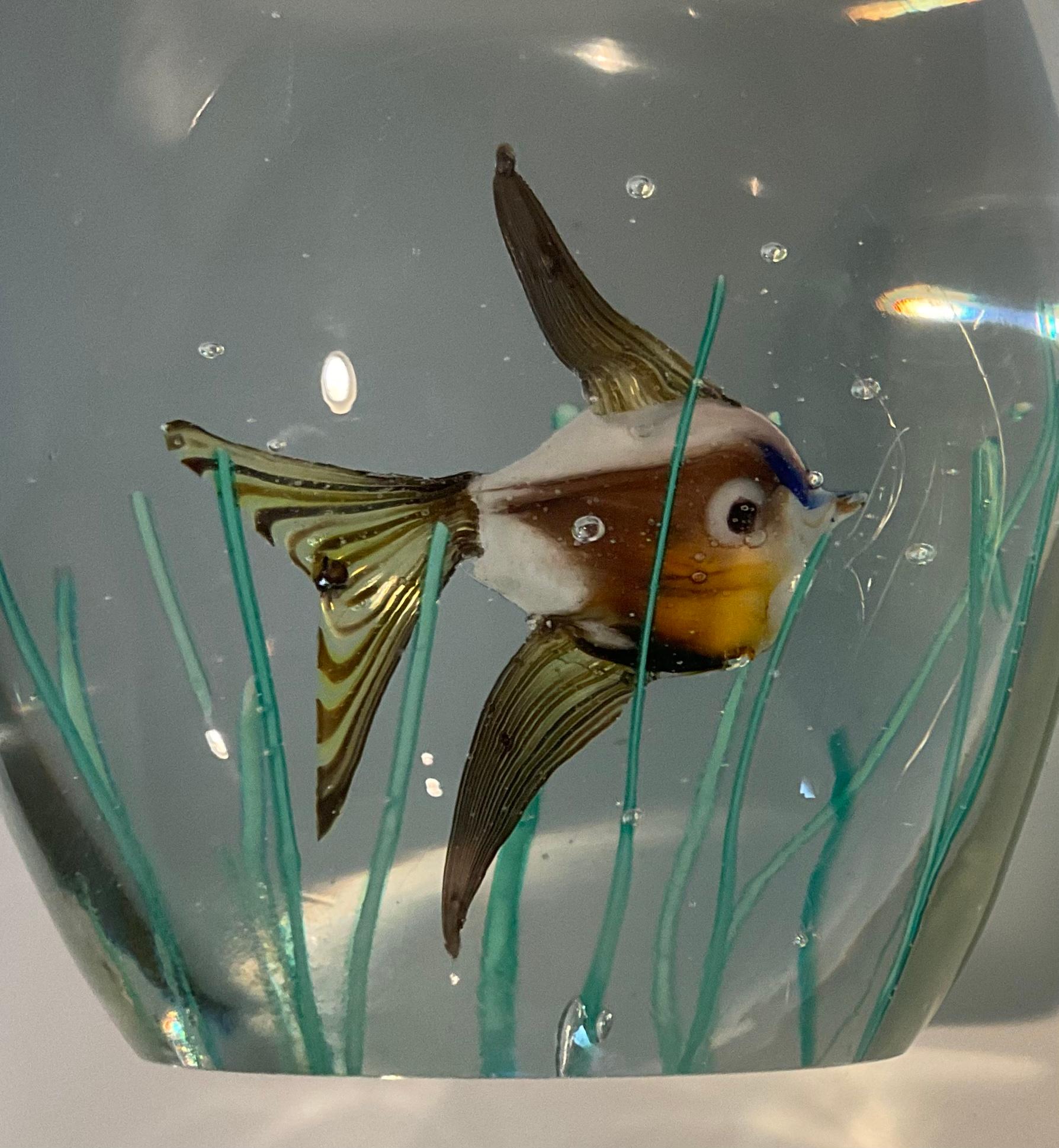 Mid-Century Modern Pair Murano Art Glass Barbini Aquarium Paperweight Sculptures with Fish Seaweed For Sale