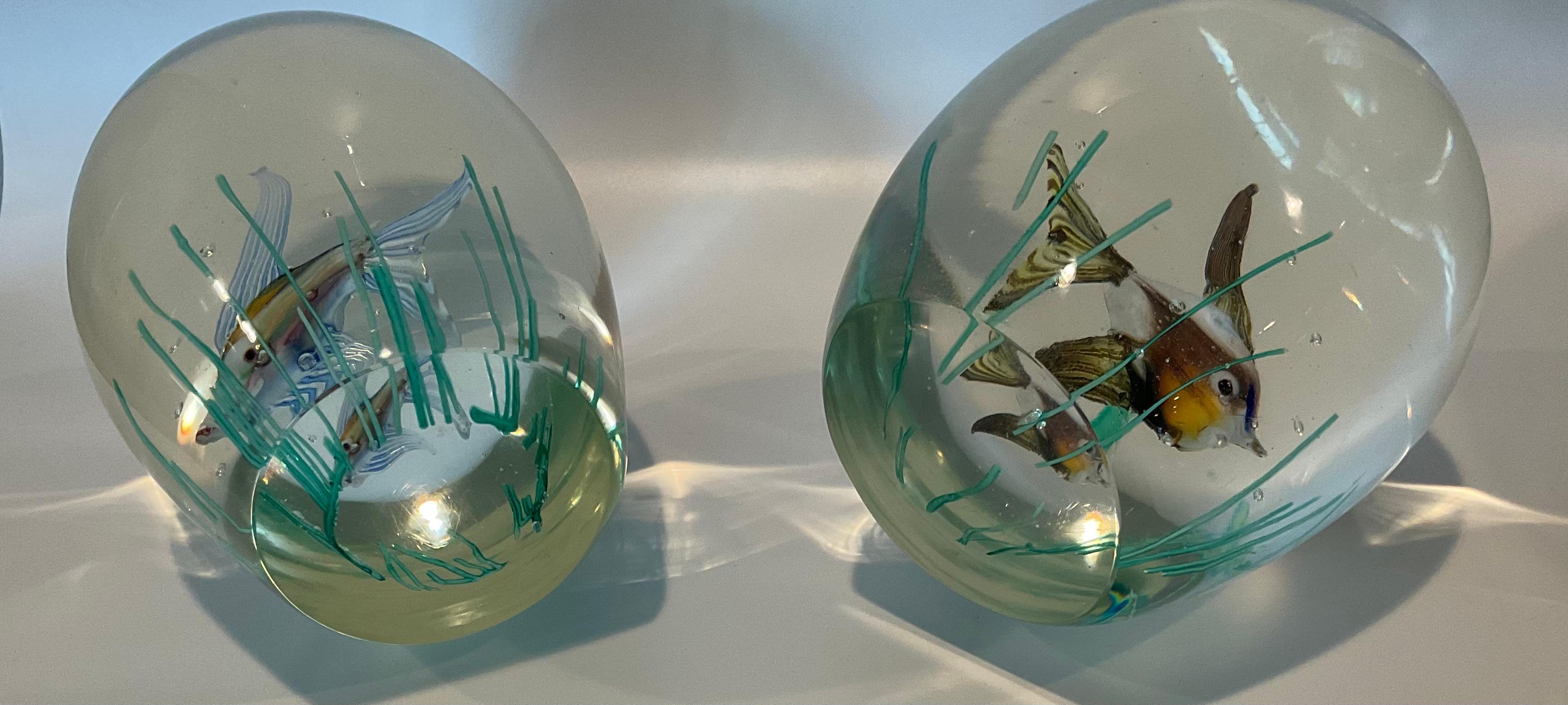 Italian Pair Murano Art Glass Barbini Aquarium Paperweight Sculptures with Fish Seaweed For Sale